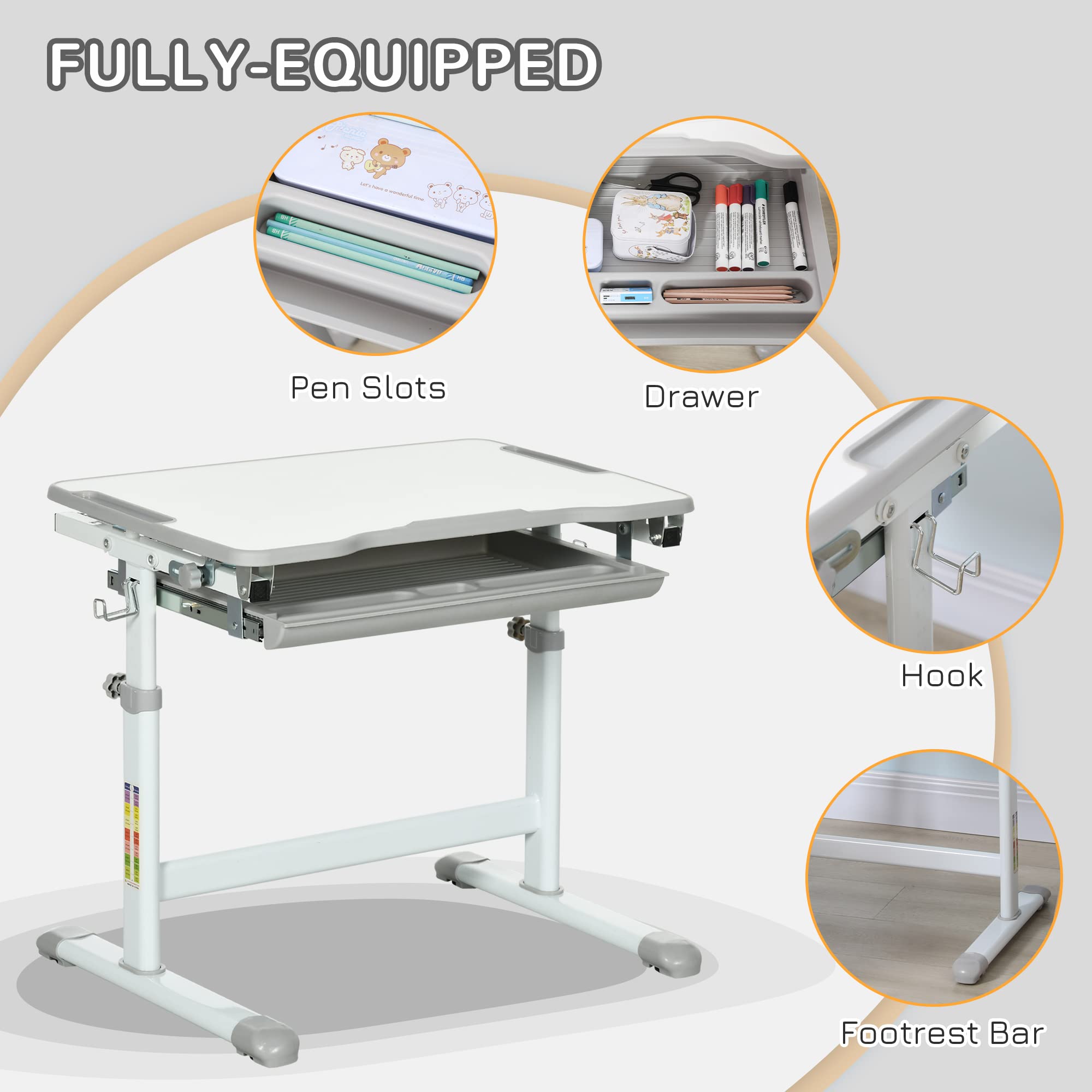 HOMCOM Escritorio infantil con silla, juego de escritorio y silla para niños con altura regulable, tablero inclinado 45°, cajón extraíble, portalápices y gancho - en acero gris-blanco
