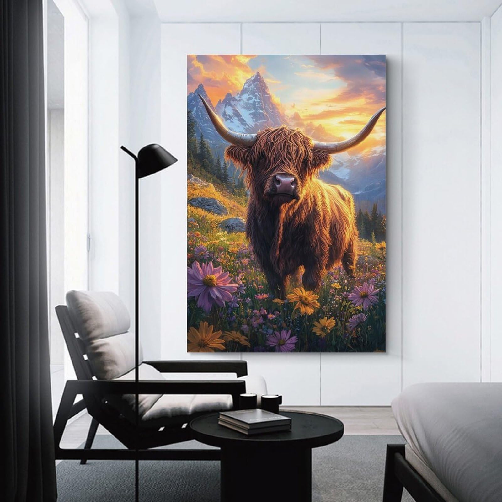 Junmoney Unframe-Style-9 Highland Cow Sunset Canvas Wall Picture, 24X36inch(60X90cm), For Living Room, Bedroom Or Apartment Walls, Decorative Artwork For Empty Walls
