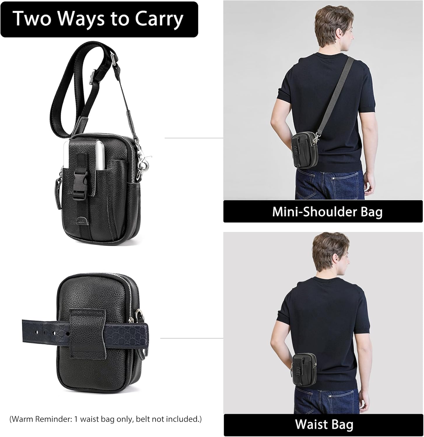 LANNSYNE Small Leather Messenger Bag, 3-in-1 Crossbody Shoulder Bag & Waist Belt Pouch, Sling Purse for Travel Business