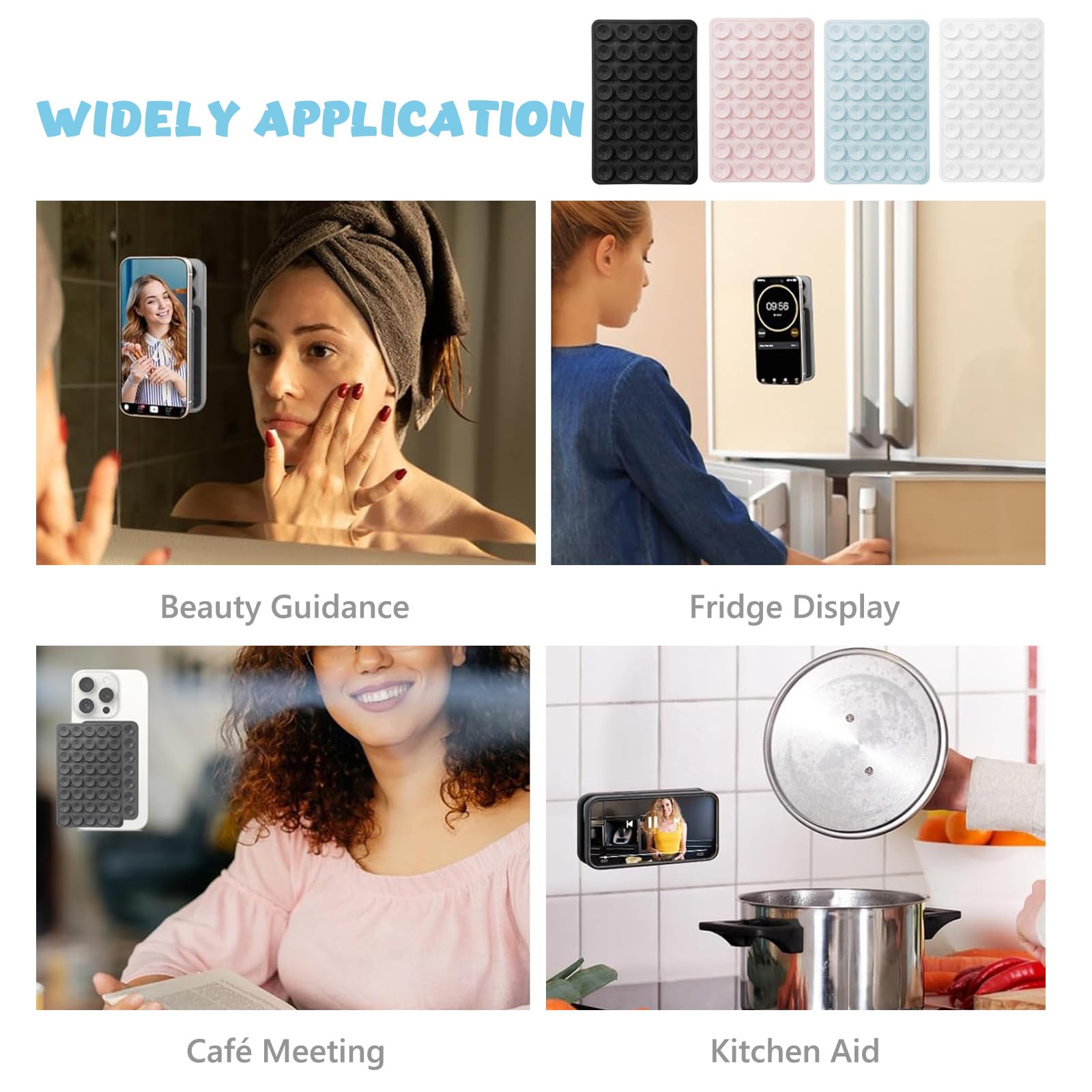Support Téléphone Ventouse en Silicone 4 Pièces, Fixation Forte Verre Miroir pour Selfies