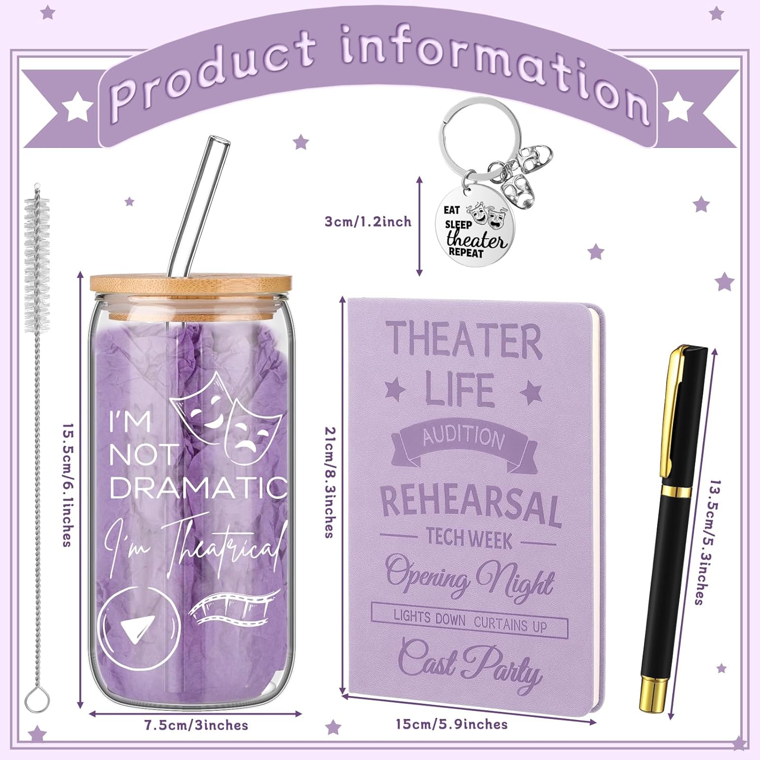4 Pcs Theatre Gifts for Women Teens Theater Life 16oz Glass Cup Leather Notebook Ballpoint Pen Keychain Musical Broadway Graduation Gifts for Theatre Performers Directors Actors Drama Teacher(Purple) - Image 2