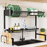 Kitsure Adjustable Over Sink Dish Drying Rack 30-33.9" Expandable, 2-Tier Rustproof Black with Multifunctional Baskets & Hooks