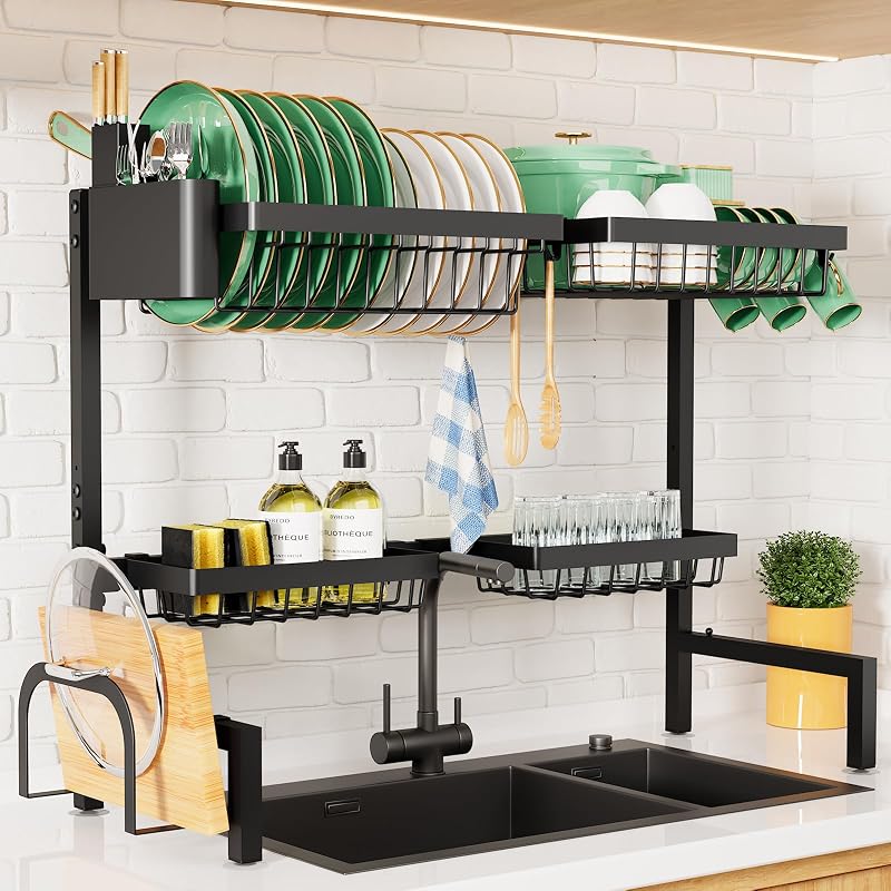 Kitsure Adjustable Over The Sink Dish Drying Rack, 26.8" -33.9"x21.5" | Sink Drying Rack for Kitchen Sink, Dish Rack Over Sink with Cutlery & Utensil Holders, Kitchen Storage, Black