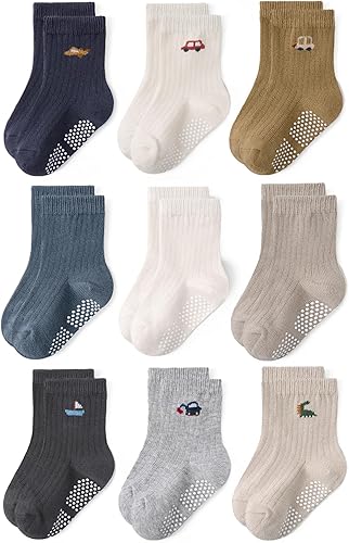 9 pares de calcetines antideslizantes de algodón de tripa para bebés y niños pequeños con puntos antideslizantes para niños y niñas