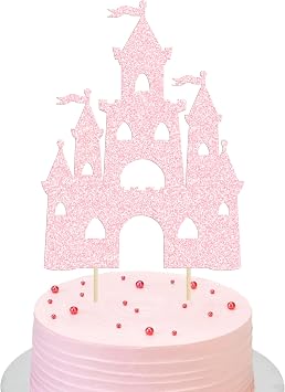 Ephlyn 1Pcs Castle Cake Topper Glitter Princess Castle Theme Birthday Cake Decorations Queen Castle Cake Pick for Princess Prince Birthday Baby Shower Party Supplies Light Pink