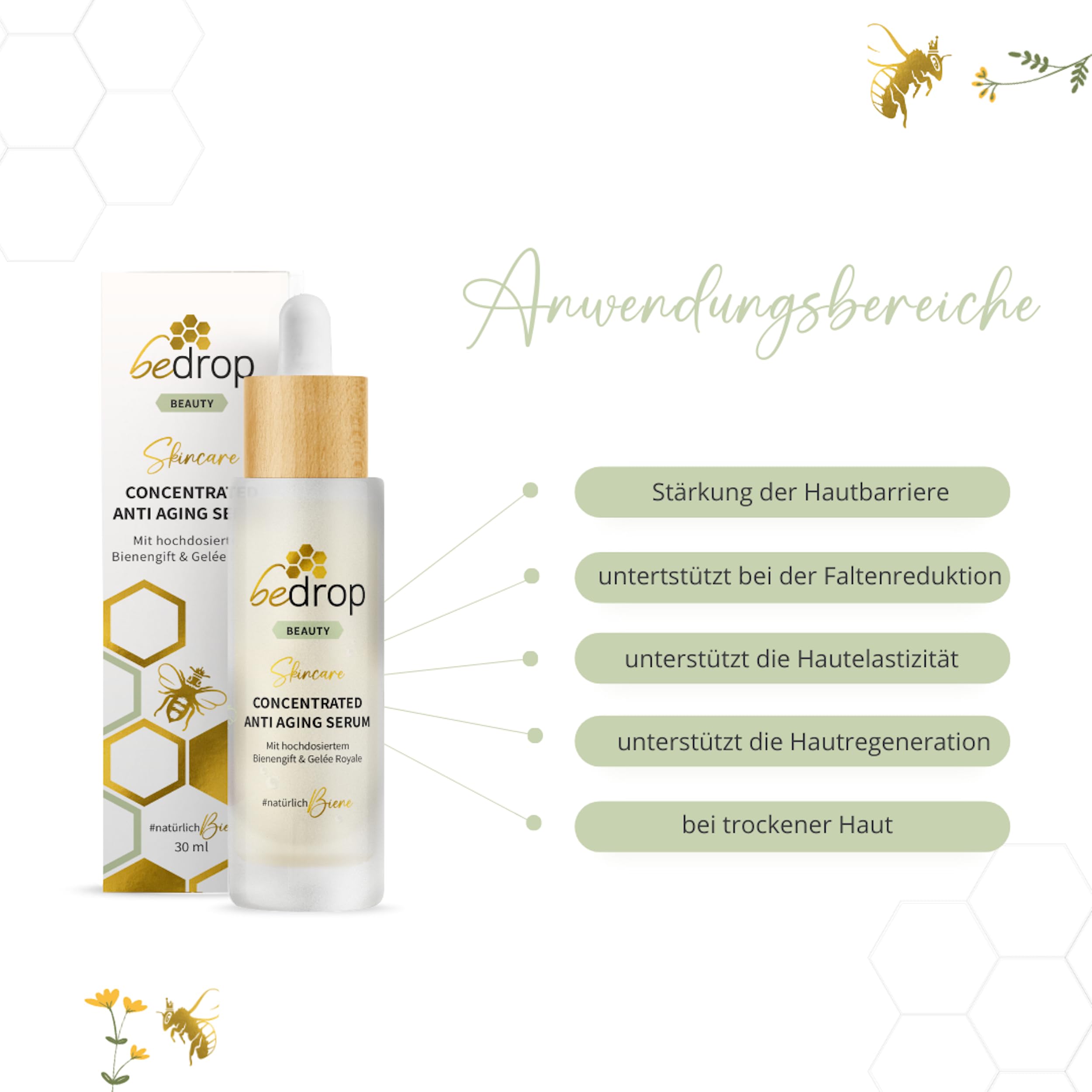 bedrop Concentrated Anti Aging Serum mit Bienengift, Gelée Royal, Hyaluron & Acetylglucosamin hochdosiert