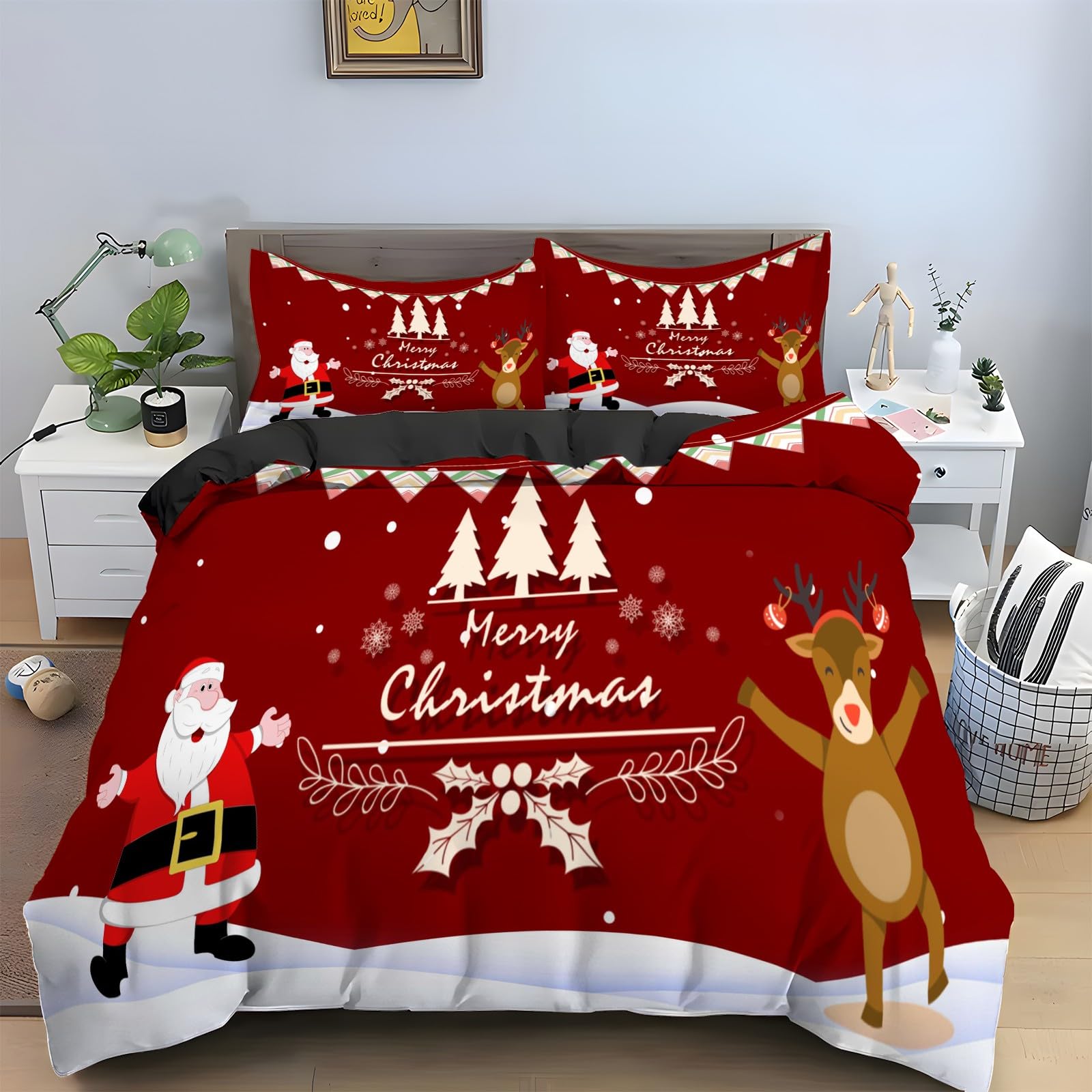 Parure de lit 90x190 wapiti avec housse de couette Noël en microfibre douce et 2 taies