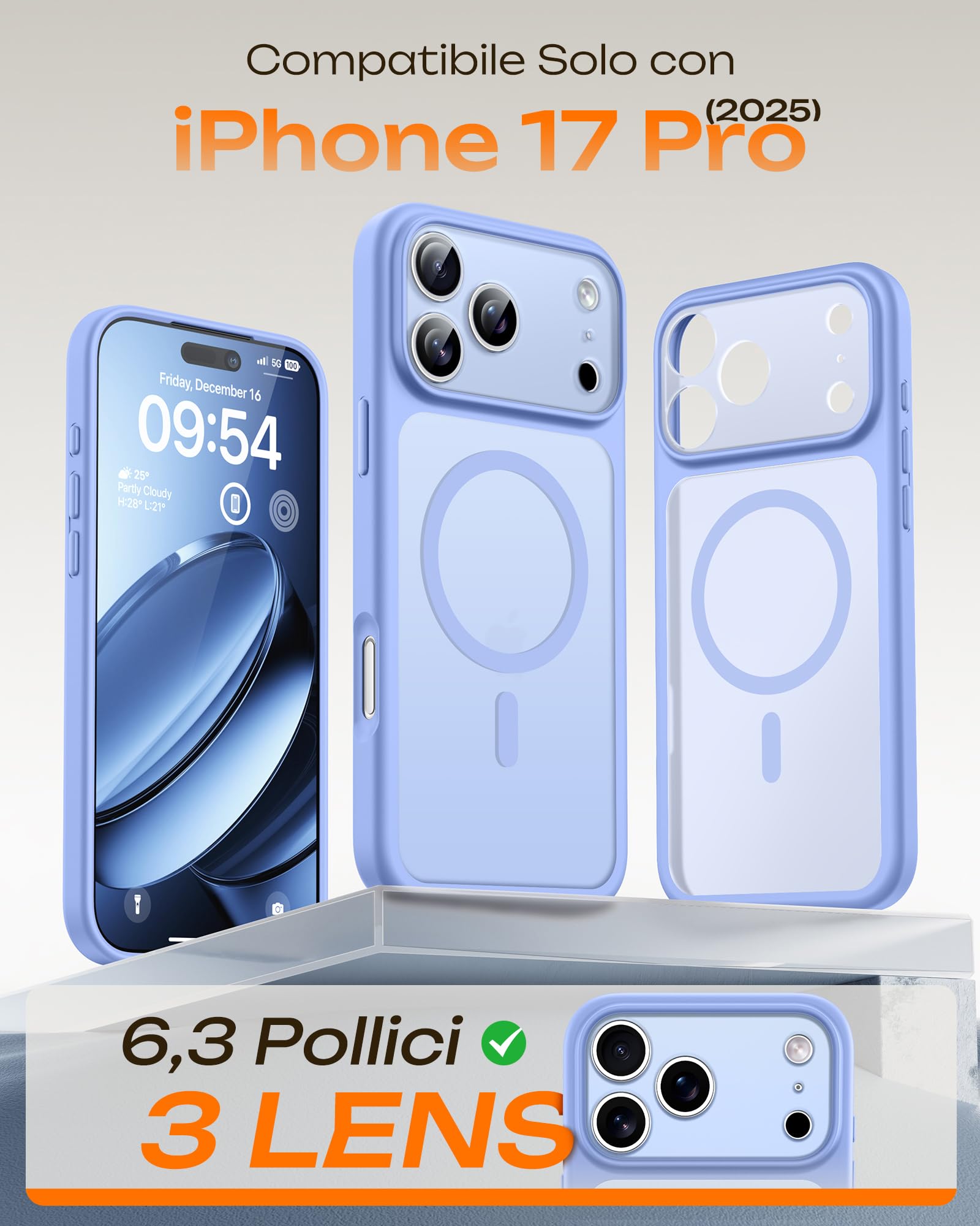 TOCOL Cover Magnetica per iPhone 17 Pro 6,3 Pollic, Compatibile con MagSafe, Anello Magnetico Incorporato, Protezione Fotocamera Integrata, Custodia Antiurto Traslucida Opaca, Blu Chiaro