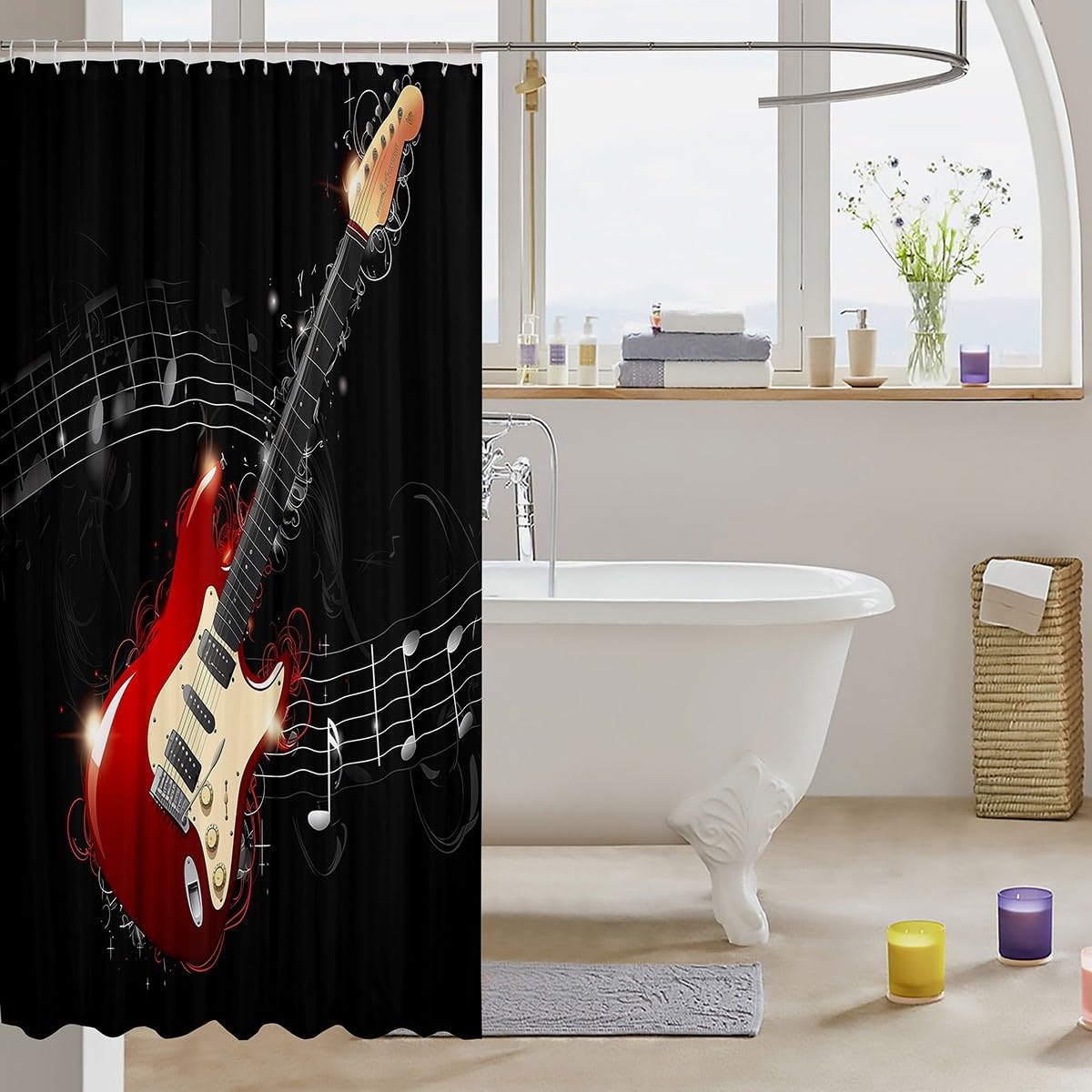 Erosebridal Guitar Shower Curtain Boys Musical Note Bathroom Shower Curtain Rock Music Themed Bath Curtain Hip Hop Bathroom Sets 72" W X 84" L, Accessories with Hooks Waterproof Cloth Fabric, Black image 3