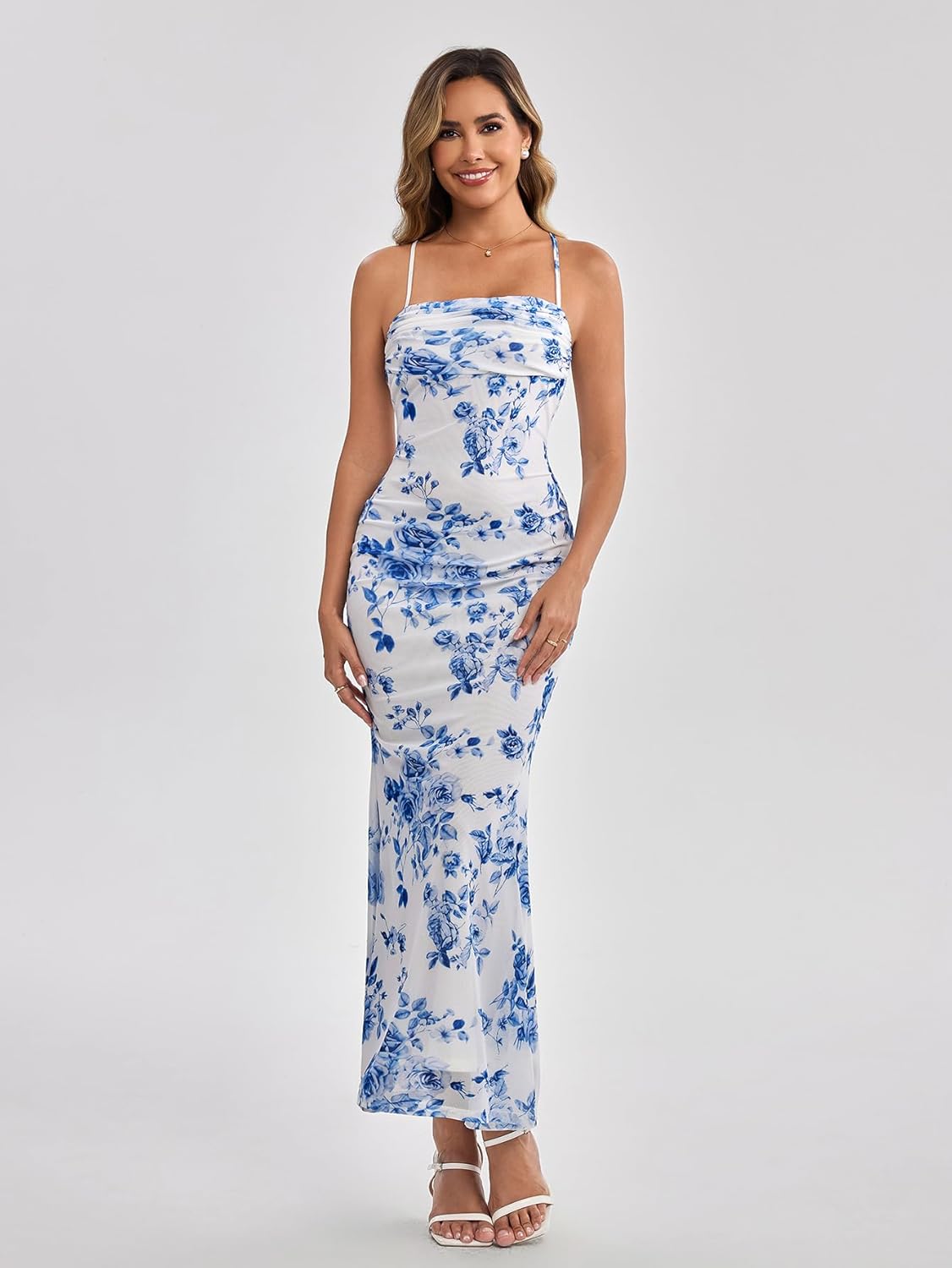 Women's Summer Floral Maxi Dress Square Neck Mesh Ruched Bodycon Formal Wedding Guest Long Dresses - Image 2