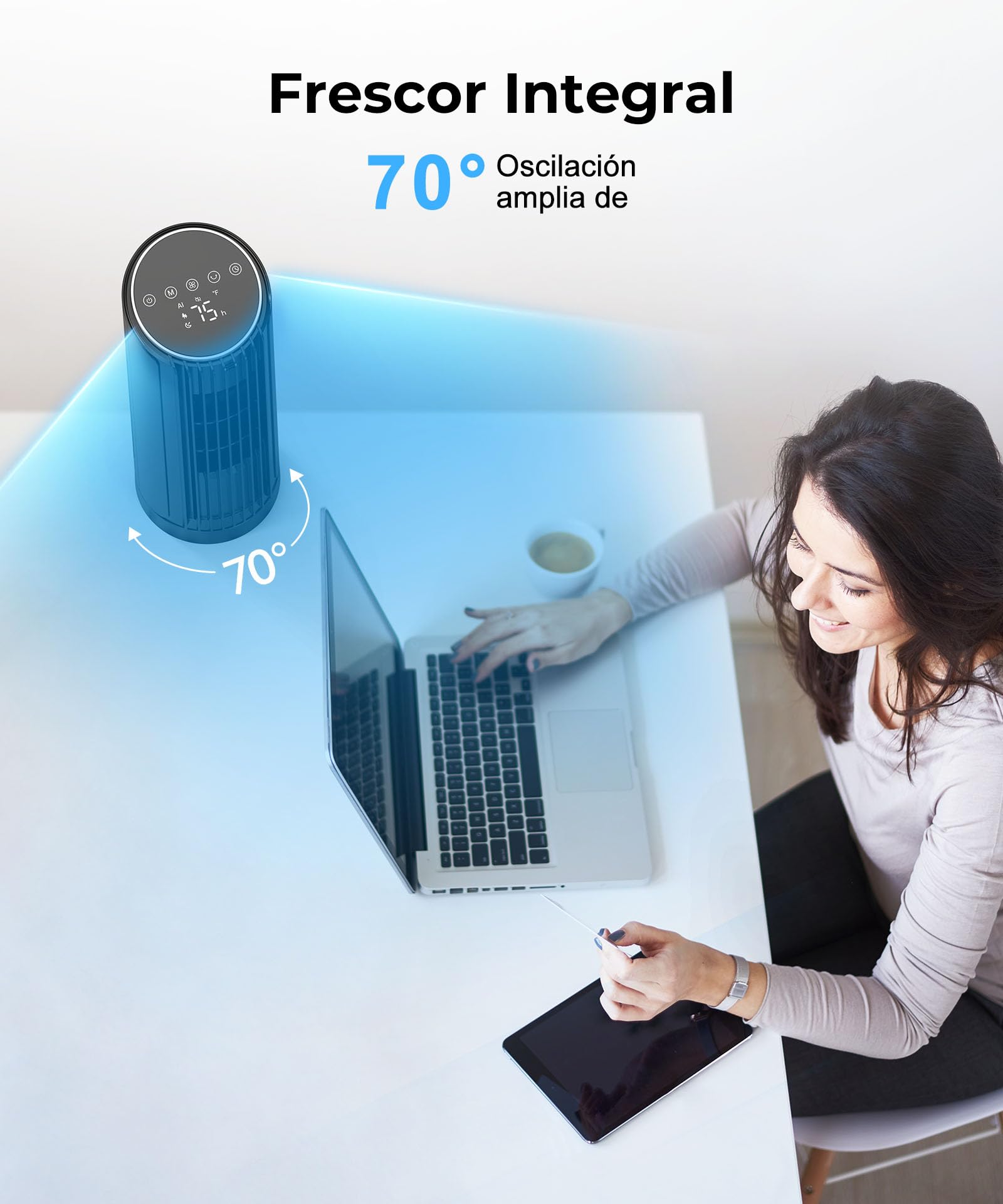 PNTCK Ventilador Torre con Mando a Distancia, 33 cm Ventilador Ultra Silencioso (24 dB) - 4 Modos y 4 Velocidades, Oscilación 70°, Temporizador 12H, Pantalla LED, Función Automática con Sensor