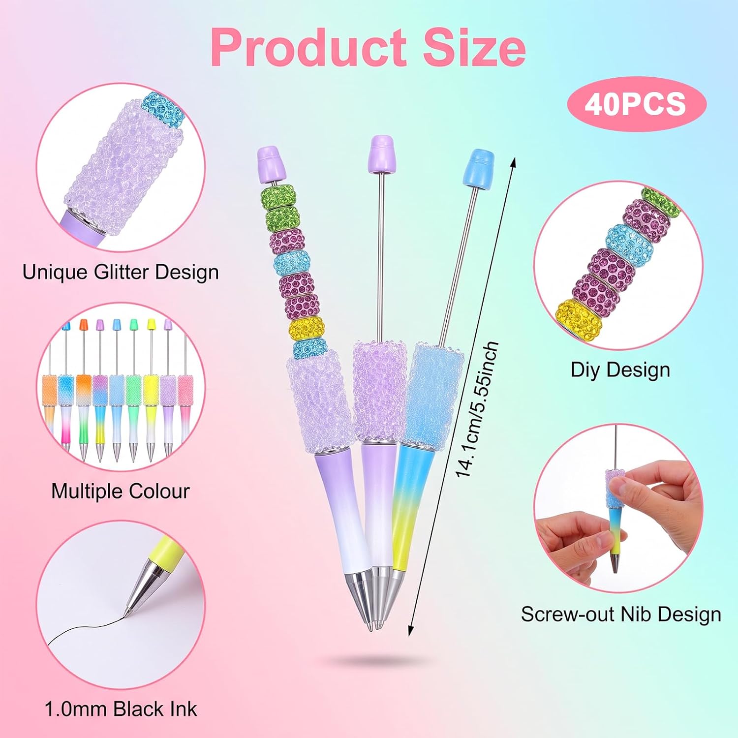 40 Pcs Beadable Pens Bulk, 8 Colors Glitter Rhinestone Beaded Pens DIY Kit