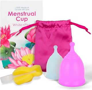 AMZ Silicone Menstrual Cups Small and Large. Period Cups for Women Heavy Flow 2 Pack. Pink and White Period Cup Reusable with Storage Bag and Cleaning Brush. Leakproof Menstrual Cups