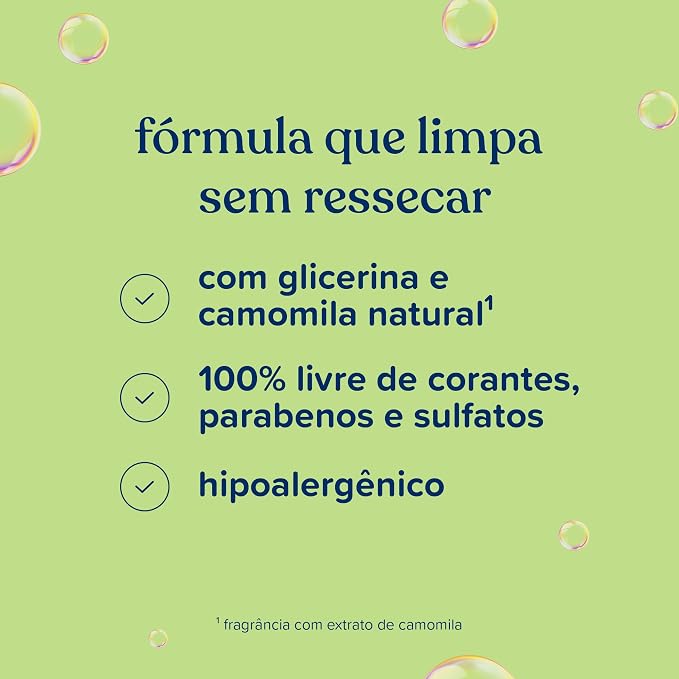 Infográfico destacando os benefícios da fórmula com camomila, glicerina e livre de substâncias agressivas