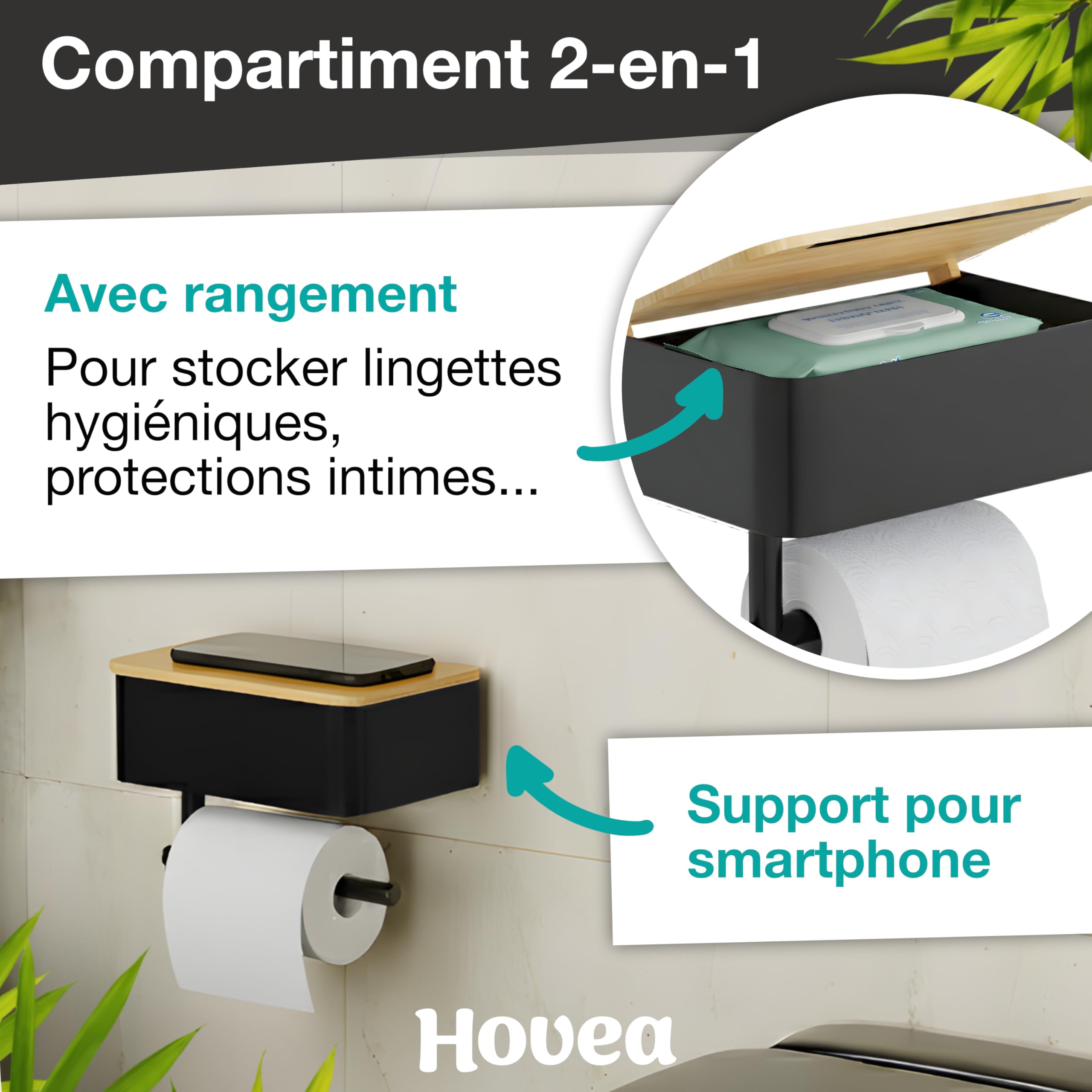 Porte Papier Toilette Mural 2-en-1 - avec ou sans Perçage - avec Rangement & Support Téléphone - en Métal – Distributeur Rouleau PQ Décoration - Noir & Bambou - PPT121