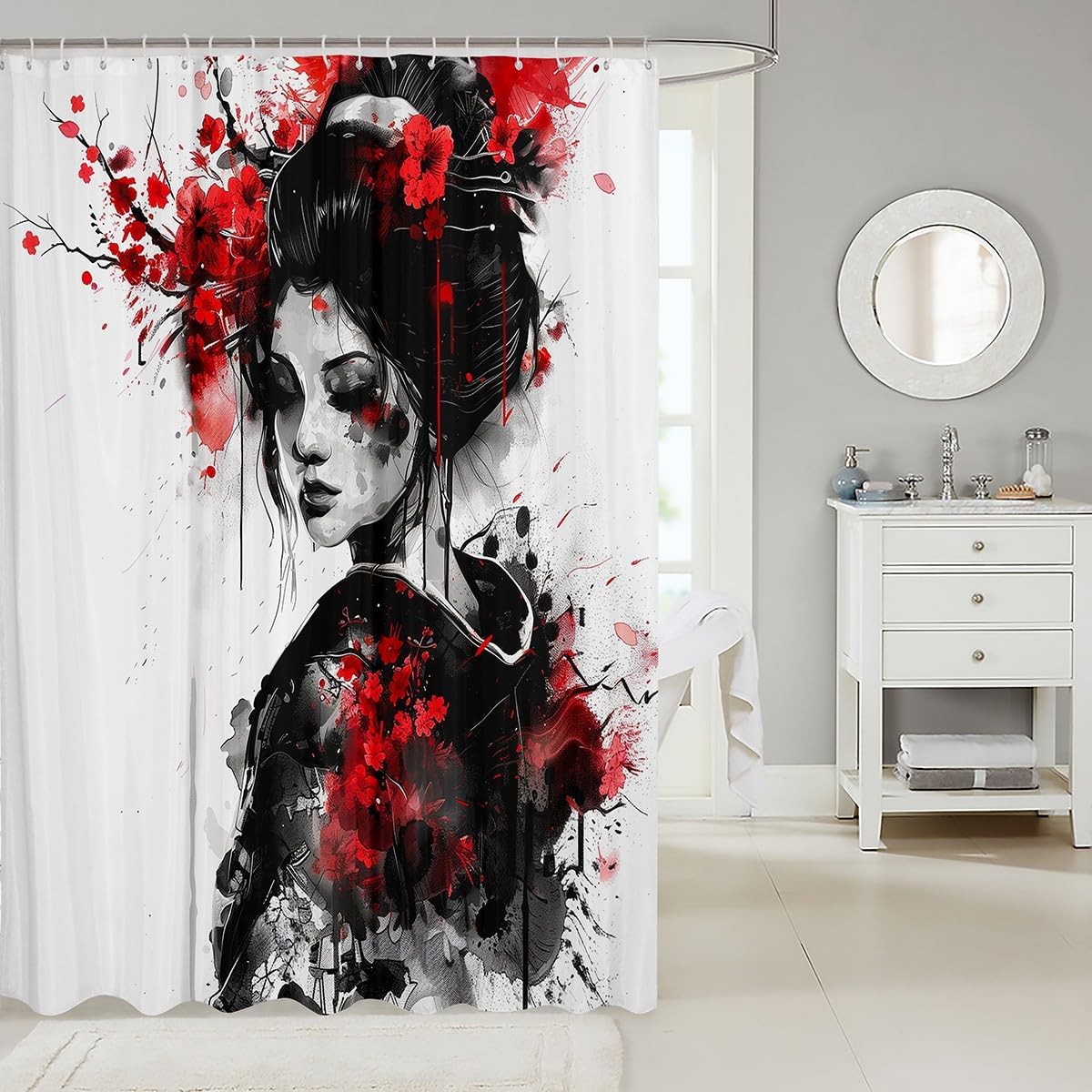 Feelyou Kids Japan Art Geisha Shower Curtain 72"x84" Boys Girls Cherry Blossoms Bathroom Shower Curtain Set Japanese Style Bath Curtain Japanese Tradition Aesthetic Bathroom Accessories
