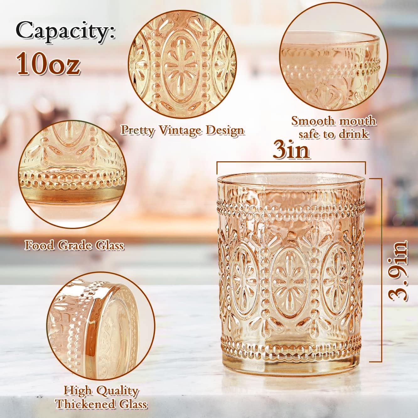 abrwyy Juego de 4 vasos de vidrio ámbar, cristalería vintage de 10 onzas