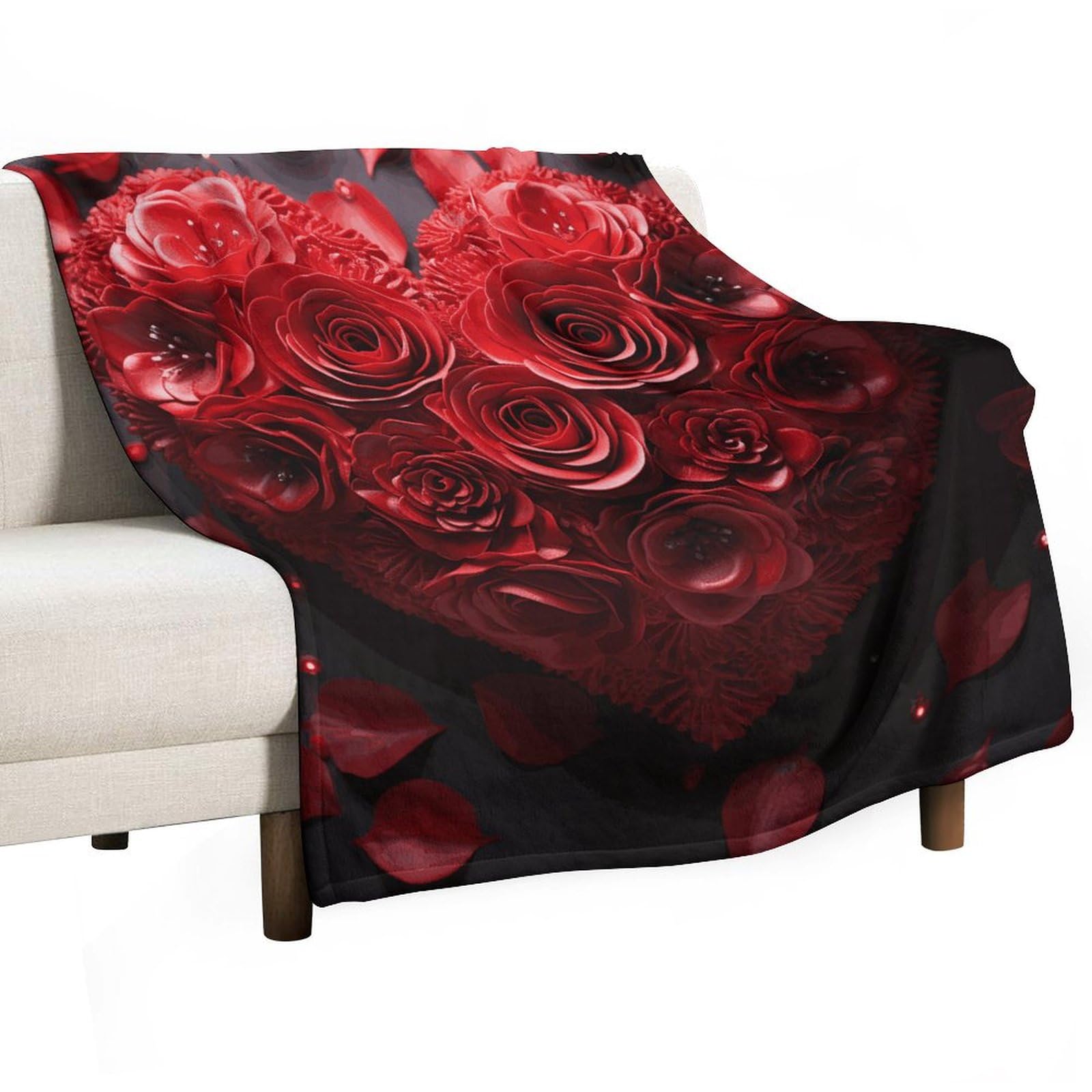 Couverture en flanelle imprimé cœur et rose, cadeau idéal pour lit et canapé