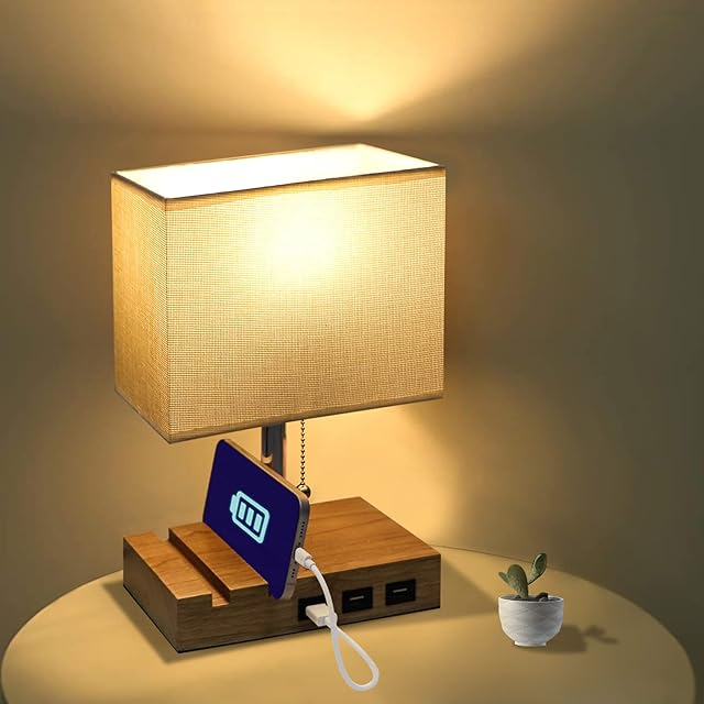 DAMORON Table Lamp, Bedside Lamp with 3 USB Charging Ports, Eye-Caring Dimmable LED Desk Lamp, 3 Levels of Brightness, Wooden Base with 2 Phone Stand, Rechargeable Nightstand Light for Bedroom, Yellow