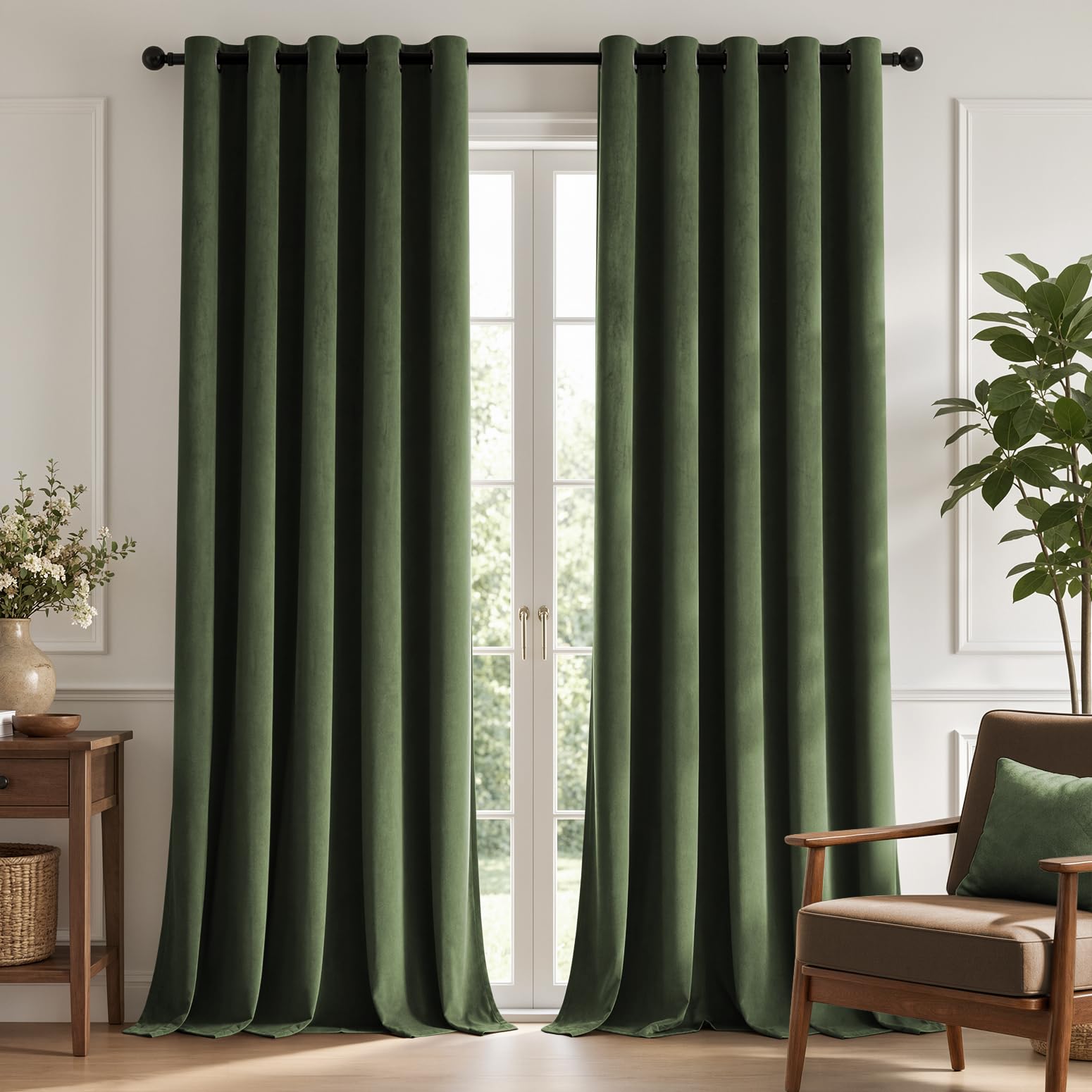 TOPICK Velvet Thermal Blackout Curtains for Bedroom, Olive Green, W66 xL90