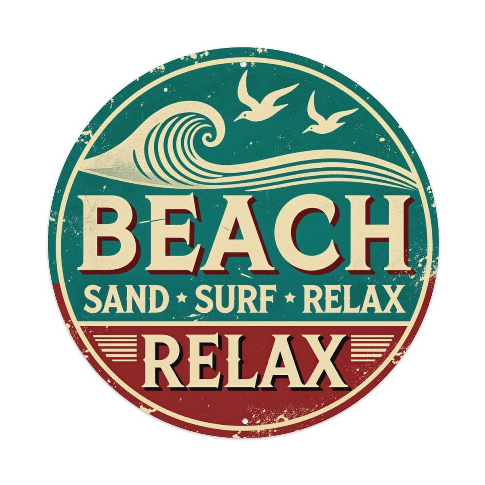Beach Sand Surf Relax Wave Round Tin Sign Vintage Style Metal Sign Home Bar Garden Wall Plaque Decor Metal Poster 8x8 Inch
