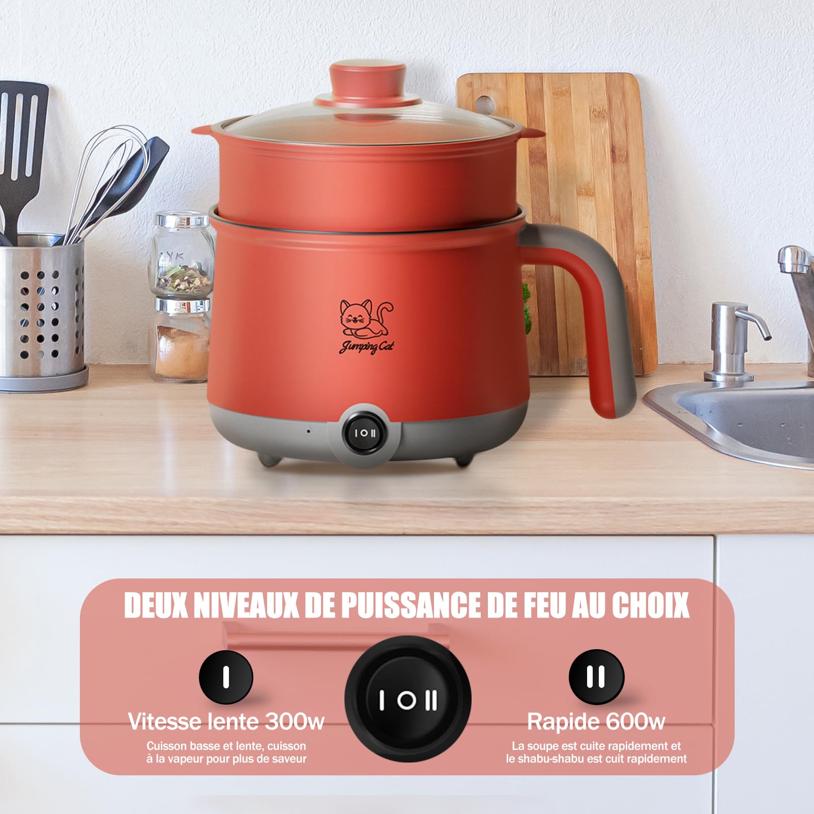 LOVIVER 1,8 L Mini Cuiseur à Riz Électrique Cuiseur Vapeur Electrique Cuiseur de Riz Multifonctionnel Mini-Cuiseur Simple pour Cuisine,Dortoir, Gris Rouge