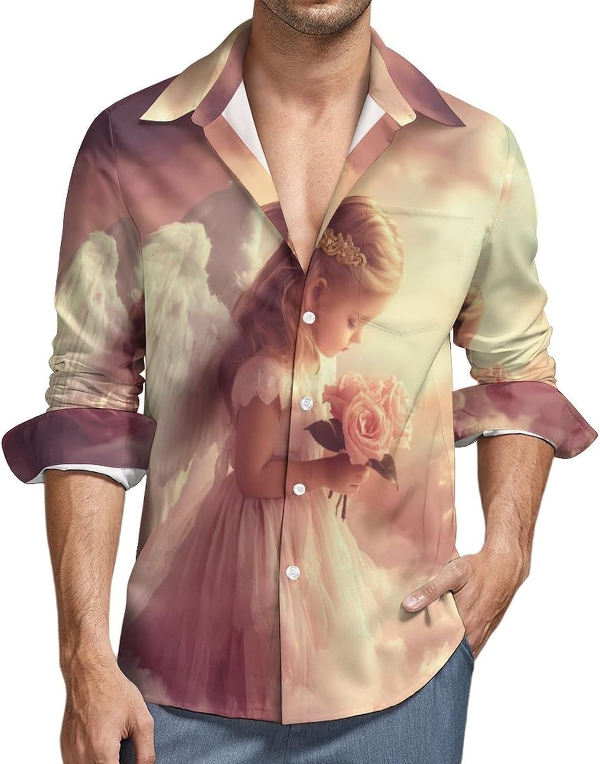 Angels-Rose Flower Long Sleeve Shirts Casual Dress Shirt Button-down T-shirts for Men