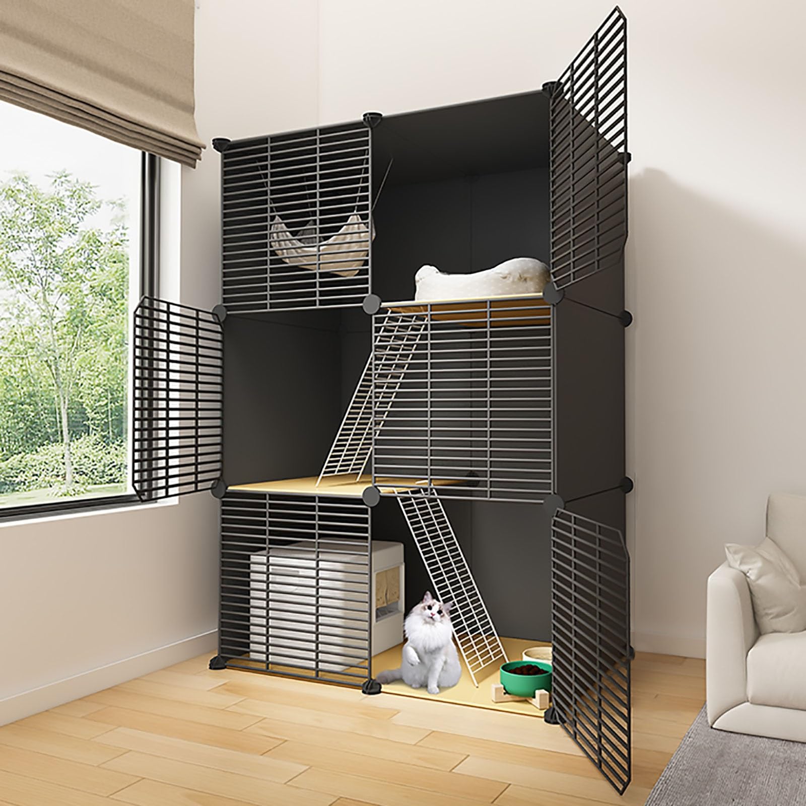 Gabbia per Gatti, Gabbie per Gatti da Interno, Recinto in Metallo Fai-da-Te per Gatti, Recinti Chiusi per Gatti, 75x49x111 cm, Ideale per Piccoli Animali e Conigli, Design Resistente con Gri