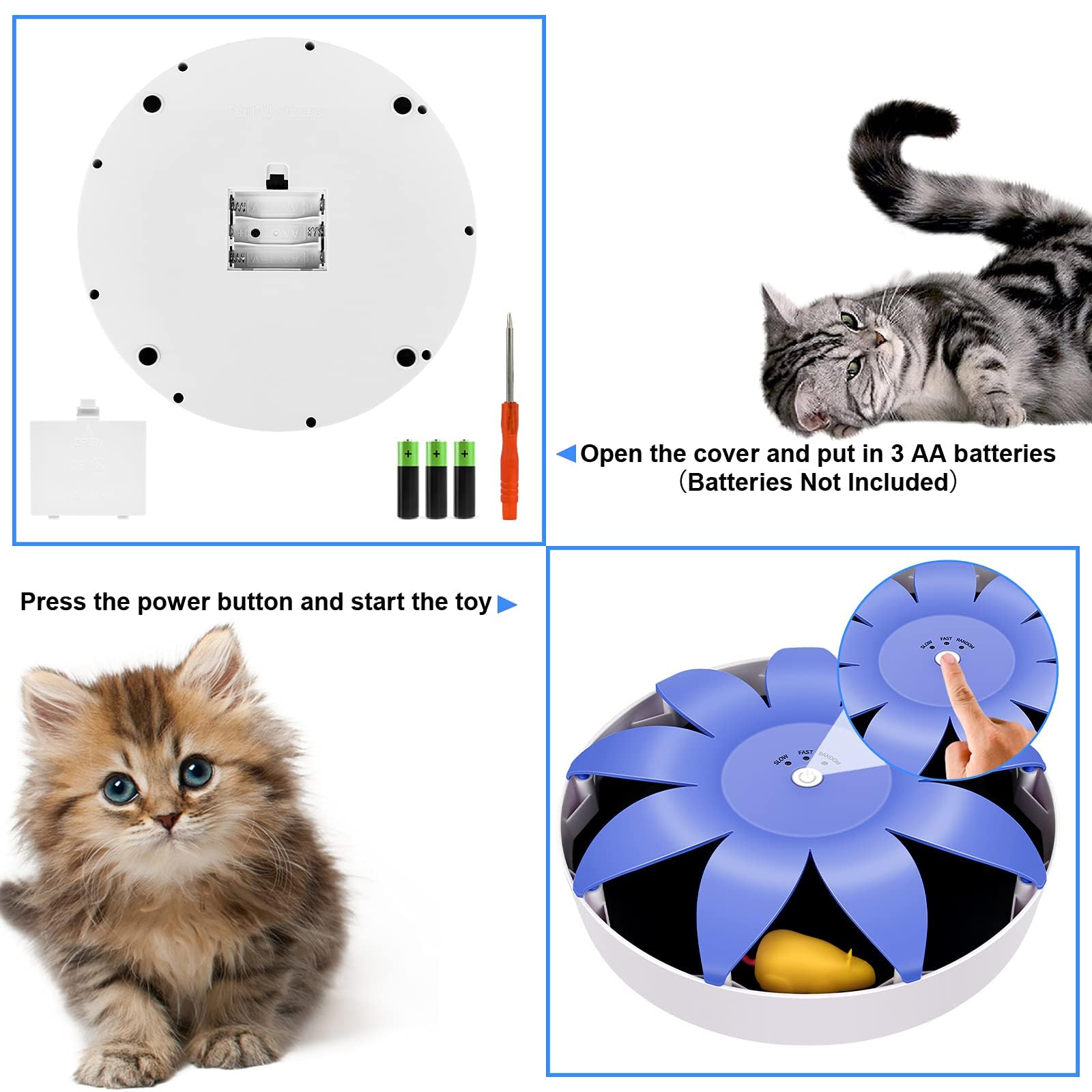 FluffyDream Giocattolo elettrico automatico per gatti, rotante, magnetico, interattivo, con mouse emulazionale, code soffici, giocattoli per gatti da interni, animali domestici, 24,5 x 24,5 x 6 cm
