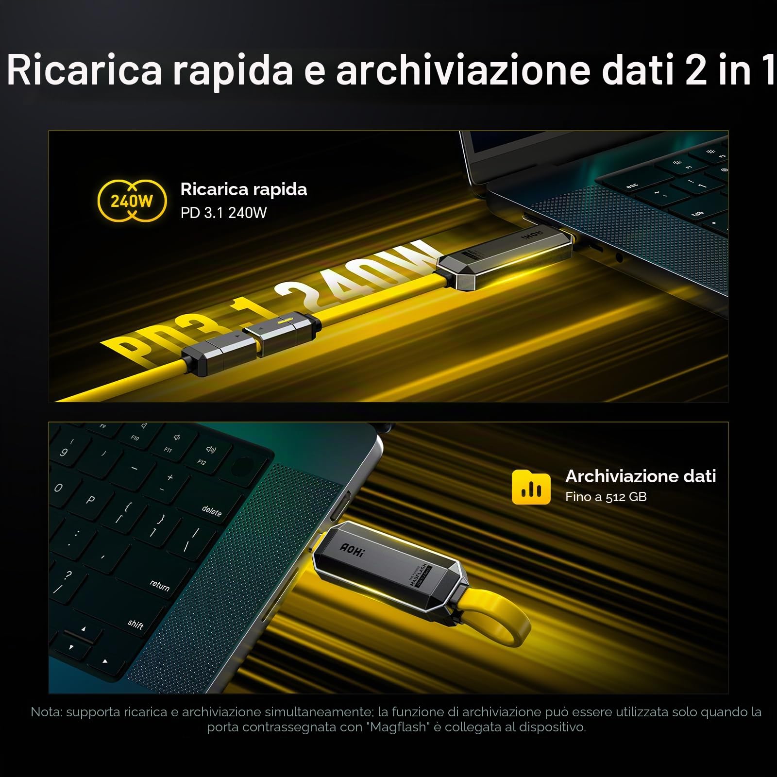 AOHI Set di cavi USB C da 240 W fai da te con unità flash USB C da 512 GB, 2 in 1 PD 3.1 per ricarica rapida e archiviazione dati, con USB 3.2 Gen2 Type C SSD USB Drive per MacBook, iPhone 16, Galaxy