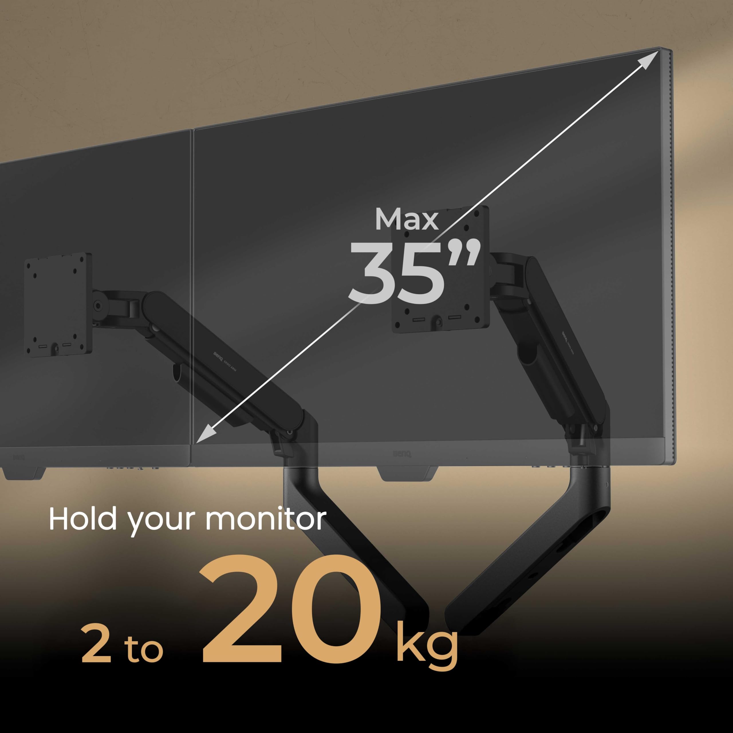 BenQ BDH01 Podwójne ramię monitora - stojak na monitor ze sprężyną gazową na 2 ekrany o wadze do 35 cali i 20 kg, wytrzymały, szybki montaż, bez zwisania, górny zacisk i podstawa przelotkowa, płyta