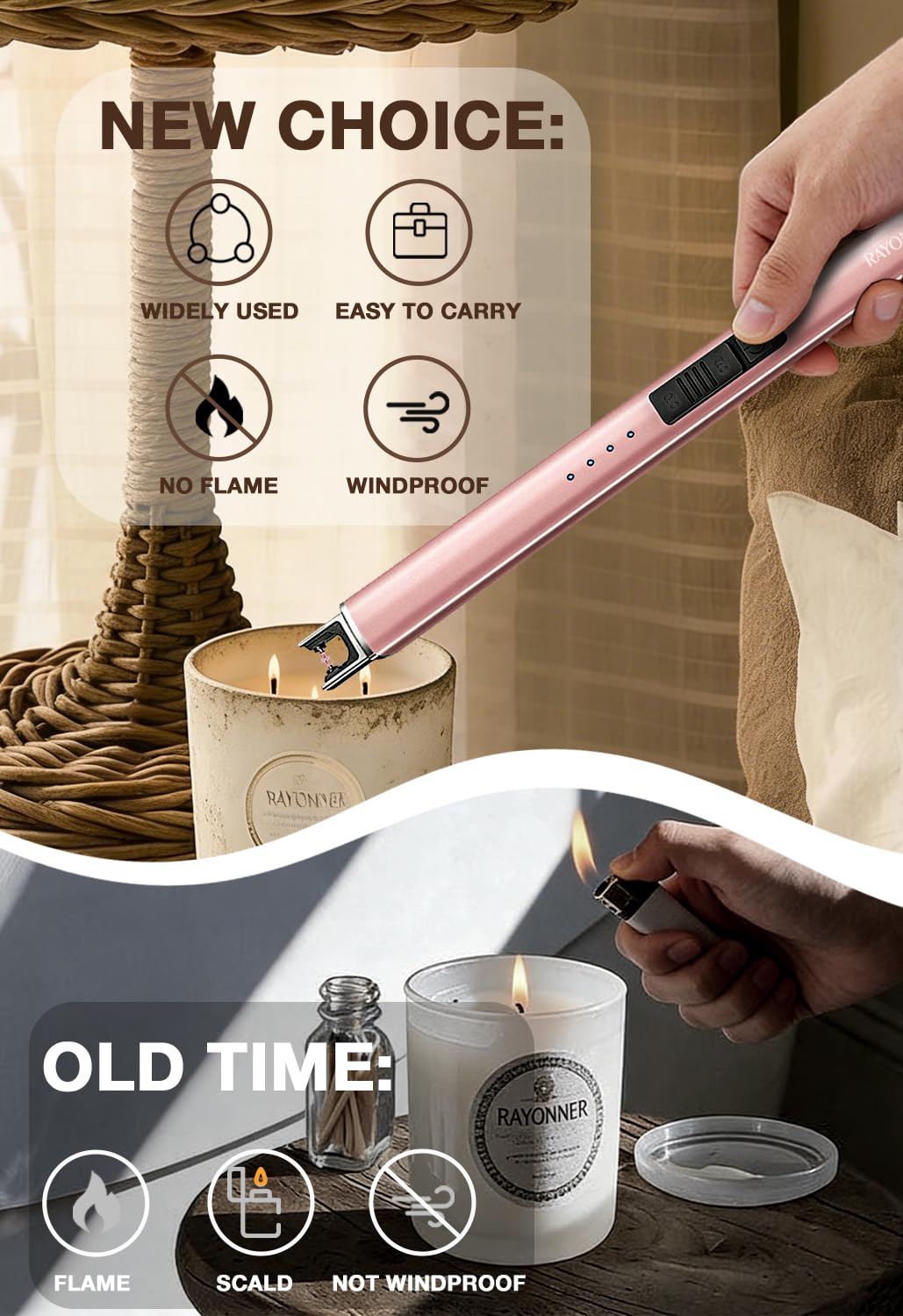 RAYONNER Briquet Electrique USB Arc Plasma Coupe-Vent Or Rose
