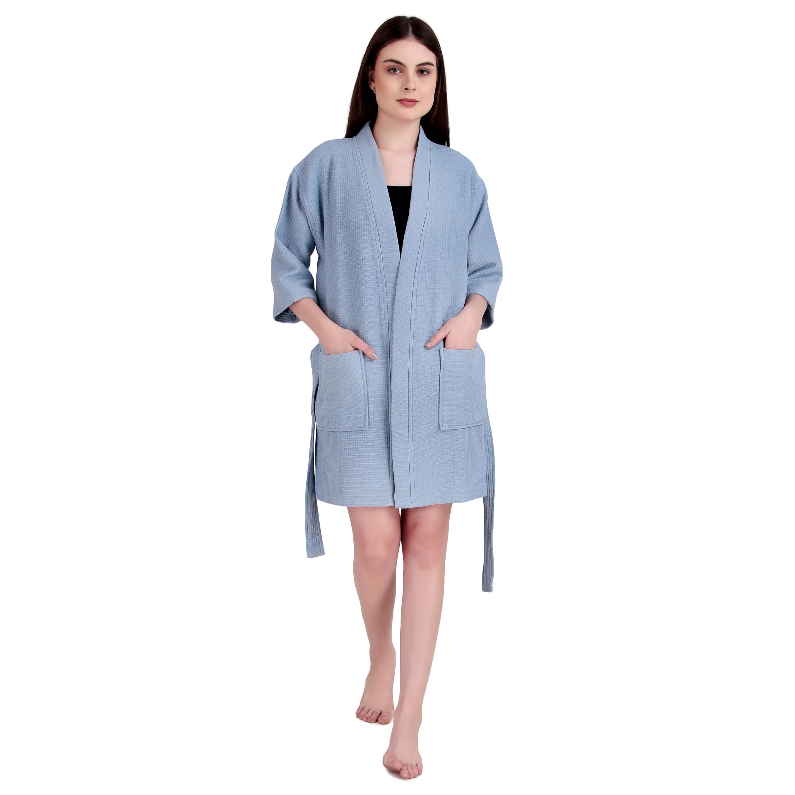 ALLEN & MATE 100% Cotton Women's Short Robe Dual Fabric Waffle Outside & Terry Towel Inside Kimono Bathrobe Medium Weight