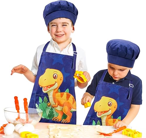 Miniatura 5 de MHJY Delantal infantil y sombrero de chef para niños, delantal infantil de dinosaurio con bolsillos, delantal ajustable para cocinar, hornear,
