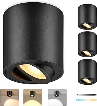 GeyouLux 4 x opbouwspot, dimbaar, Ø 80 x 84 mm, 30 graden draaibaar, incl. vervangbaar 5W, lamp, plafondlamp, spot, 3000 K/4000 K/6500 K, aluminium, rond, led-spot, downlight (zwart)