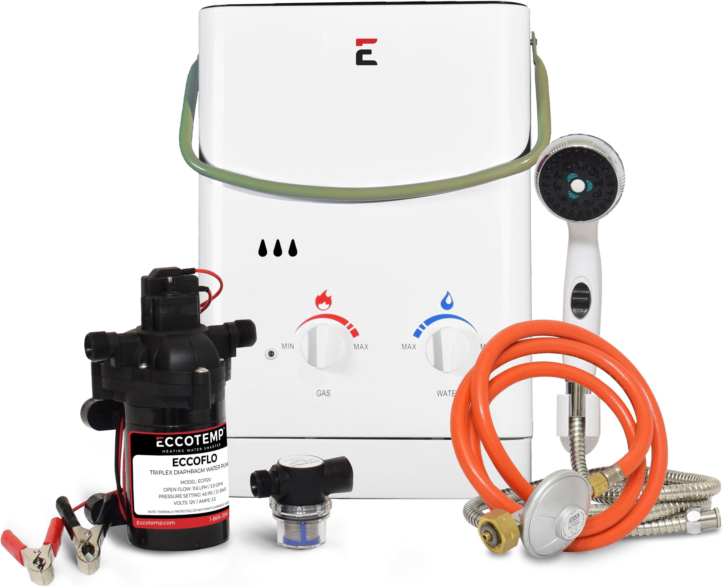 CEL5 Portable Outdoor Tankless Water Heater with Pump and Strainer, 37 mbar