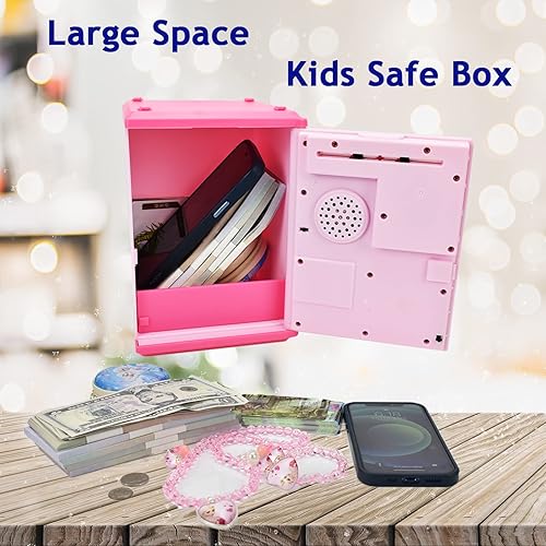 Miniatura 10 de Litpggy Banco seguro para niños con contraseña de huellas dactilares y cajero automático para hablar con dinero real, juguete de regalo para niños y