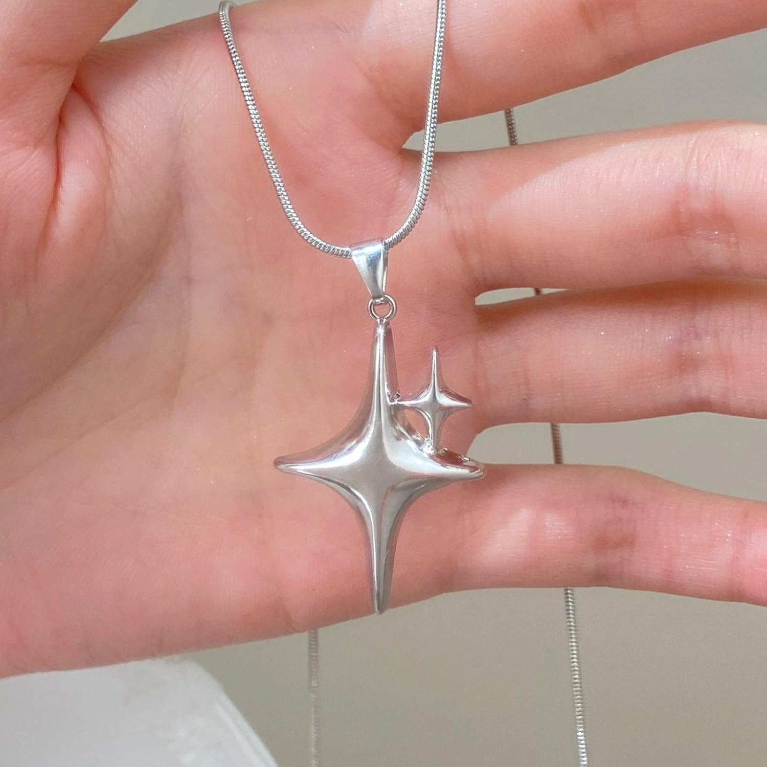 Silver Stars Pendant Necklace Four-Pointed Stars Round Snake Chain Necklace Multi Starbursts Charm Choker Necklace Vintage NorthStar Necklace Y2k Jewelry for Women - Image 5