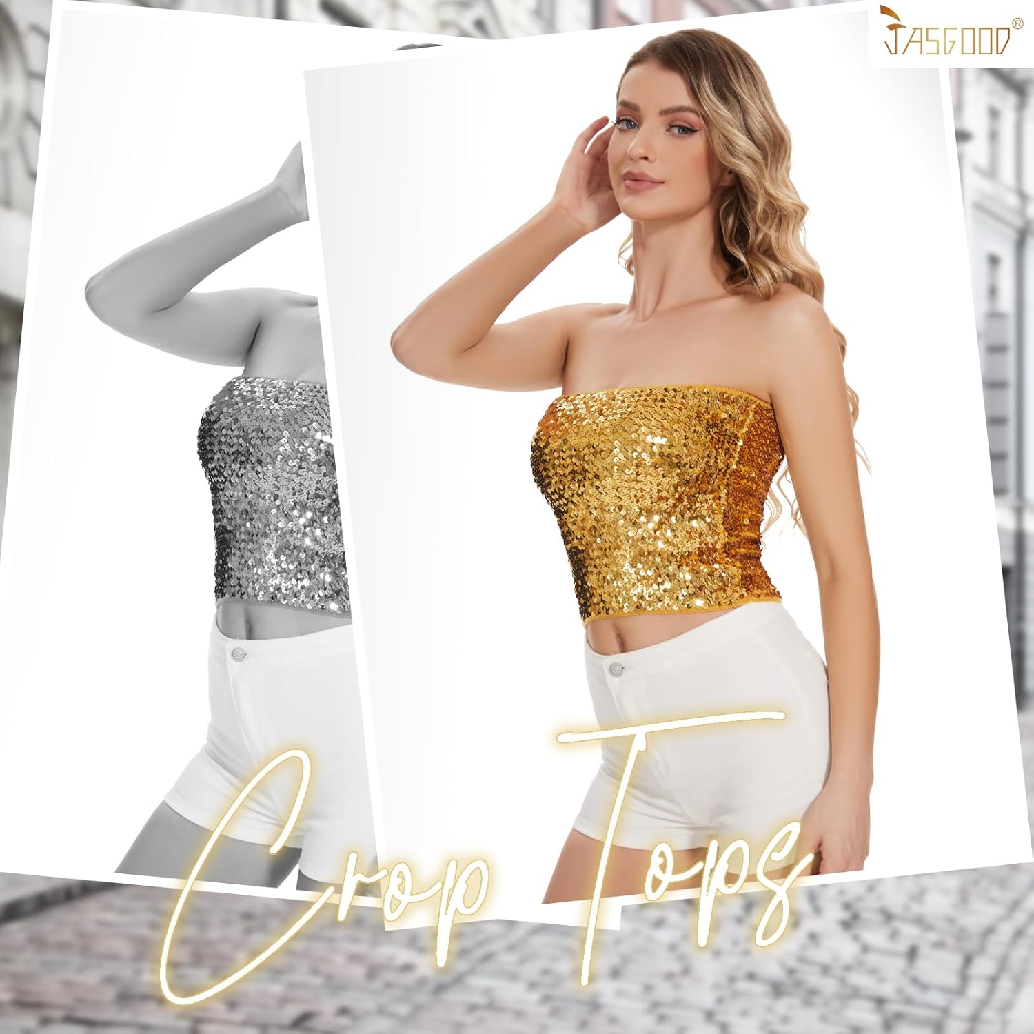 JASGOOD Sparkly Sequin Crop Tops for Women Metallic Tube Tops Strapless Glitter Mermaid Corset Top for Party Club - Image 7