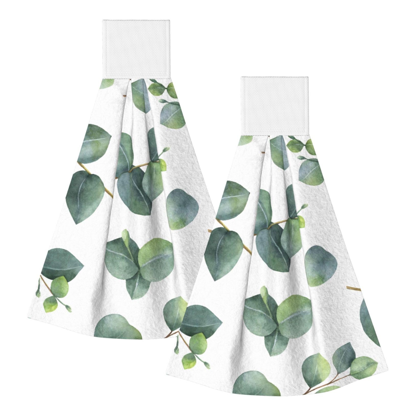 DOPKLNA Watercolor Eucalyptus Leaves Branches, 2 Pcs Hanging Coral Fiber Hand Towels for Bathroom, Absorbent Kitchen Towels