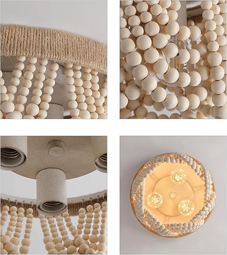 Vista 8 de AZMASA - Lámpara de techo con cuentas de madera, estilo bohemio, de montaje empotrado, cuerda de cáñamo, 3 luces para guardería, dormitorio
