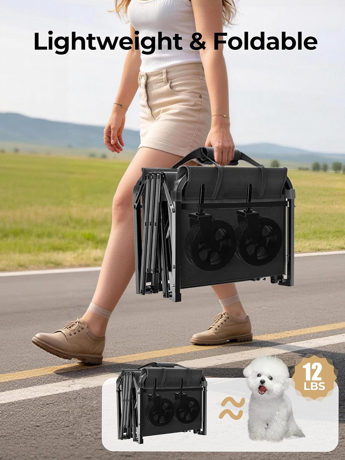 Collapsible Wagon, Folding Utility Cart with Wide Wheels, Lightweight Grocery Shopping Cart for Apartment Living, Gardening, Pet Carrier, Easy Fold & Low-Entry Design (Black)