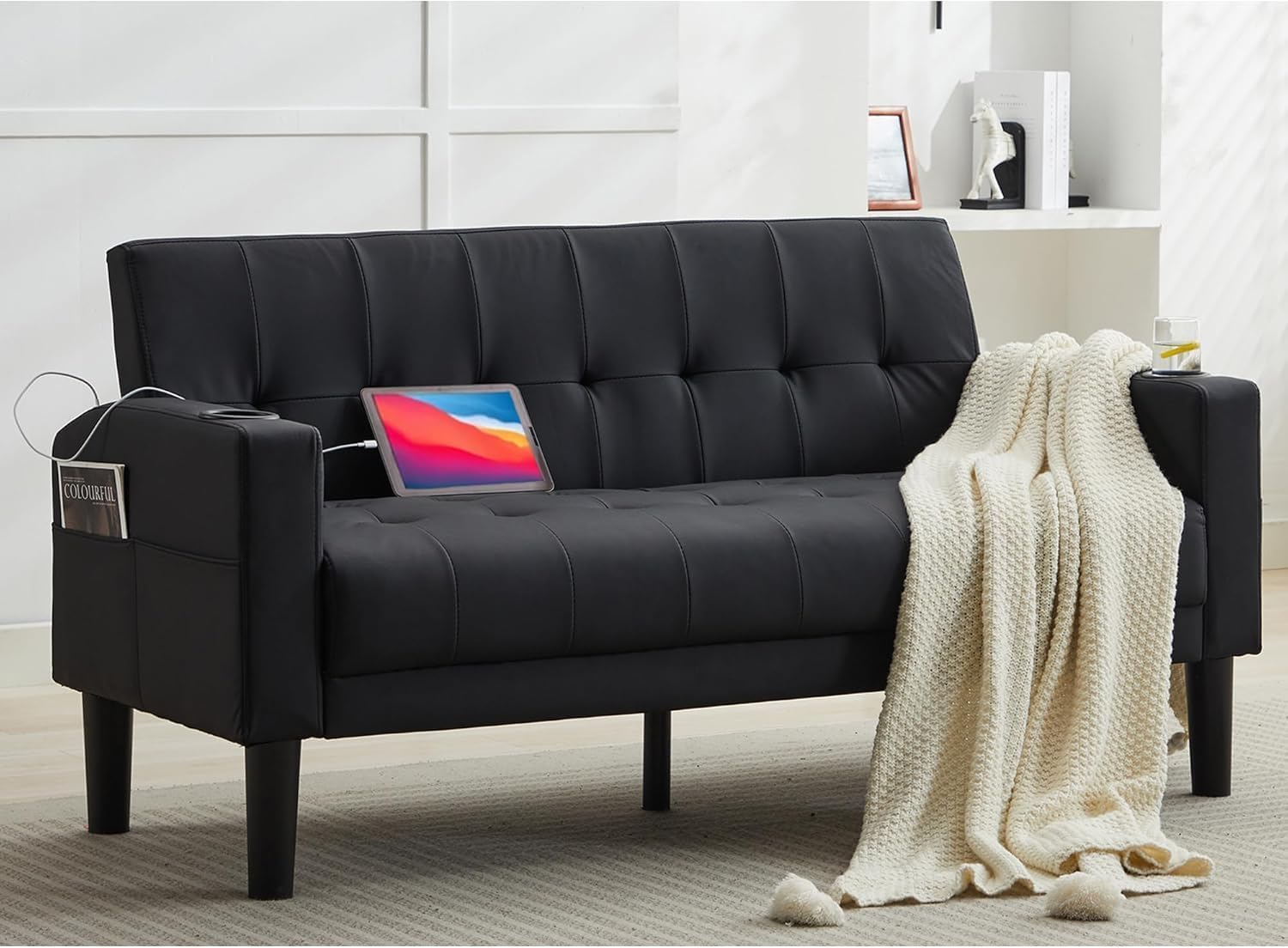 GRAVFORCE Sofa 2 Seater Comfy Upholstered Loveseat Sofa with Cup Holder Pocket Storage Small Sofas for Living Room Bedroom Office Black