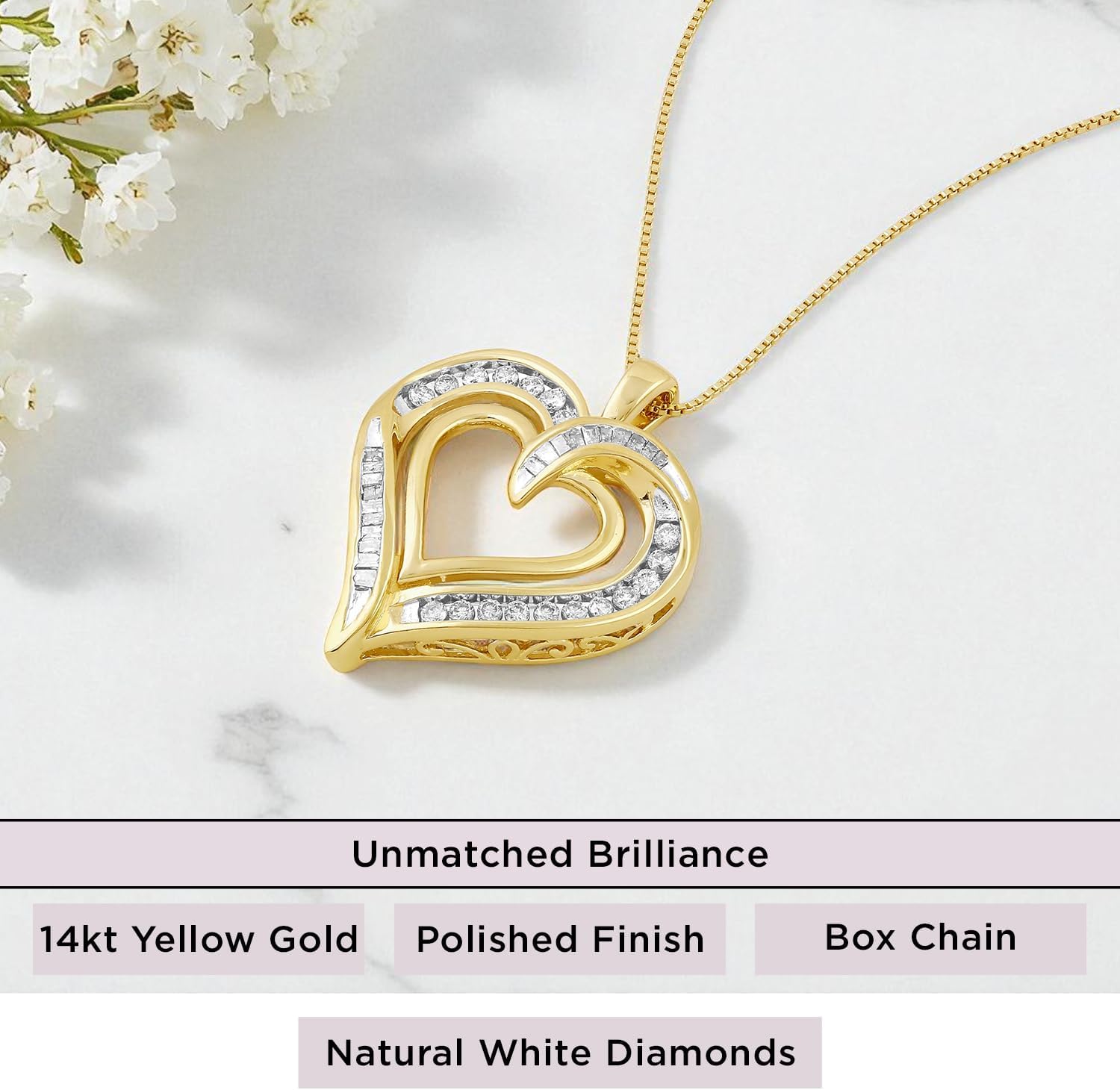 Jewelili Heart Pendant Necklace for Women | Fine Jewelry with Natural White Round & Baguette Diamonds 1/4 or 1/2 CTW | Sterling Silver or Yellow / Rose Gold Plated | 18" Box Chain | Birthday Gift for Her