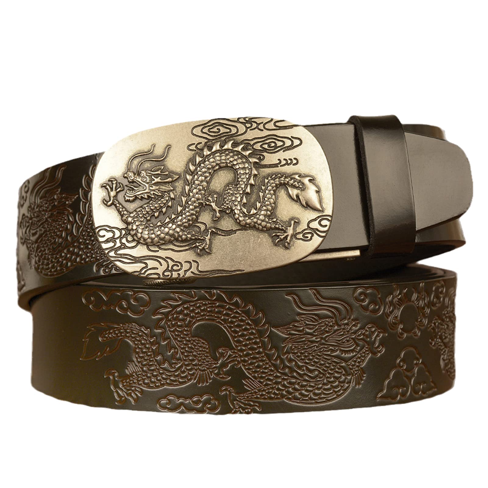 Cinturón De Vestir For Hombre, Con Hebilla Dragón Deslizante Automática Trinquete, Cuero Repujado, Correa Cintura 3,5 Cm