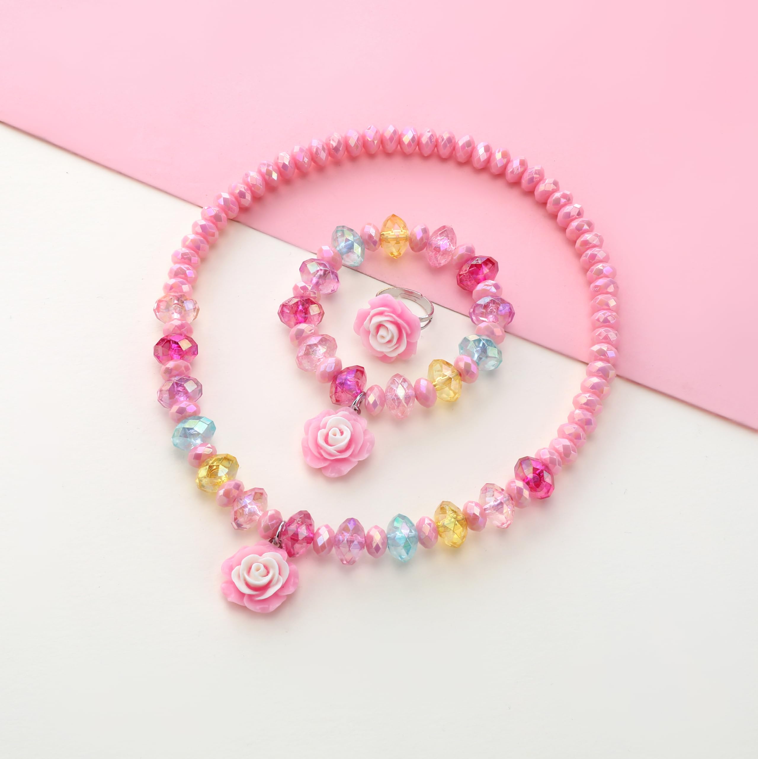 koutey Gilrs Flower Stretch Necklace Little Girl Necklace Bracelet Set, Little Princess Rainbow Mremaid Jewelry Set Play Necklaces Bracelet Rings for Girls Accessories Favors