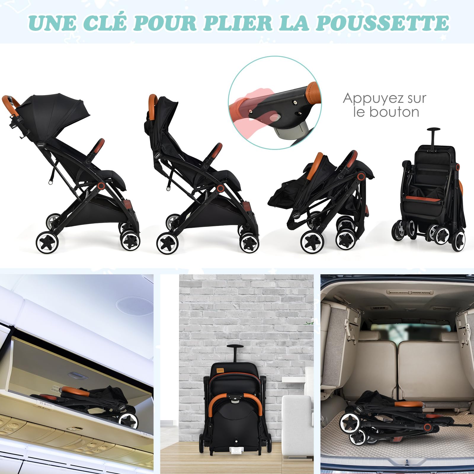 COSTWAY Poussette Canne Bébé 0-3 Ans(Charge 15 kg) avec Dossier & Auvent Réglables, Poussette Compact et Légère avec Moustiquaire & Roues avec Frein, Pliable à une Main, Rangement Inférieur(Noir)