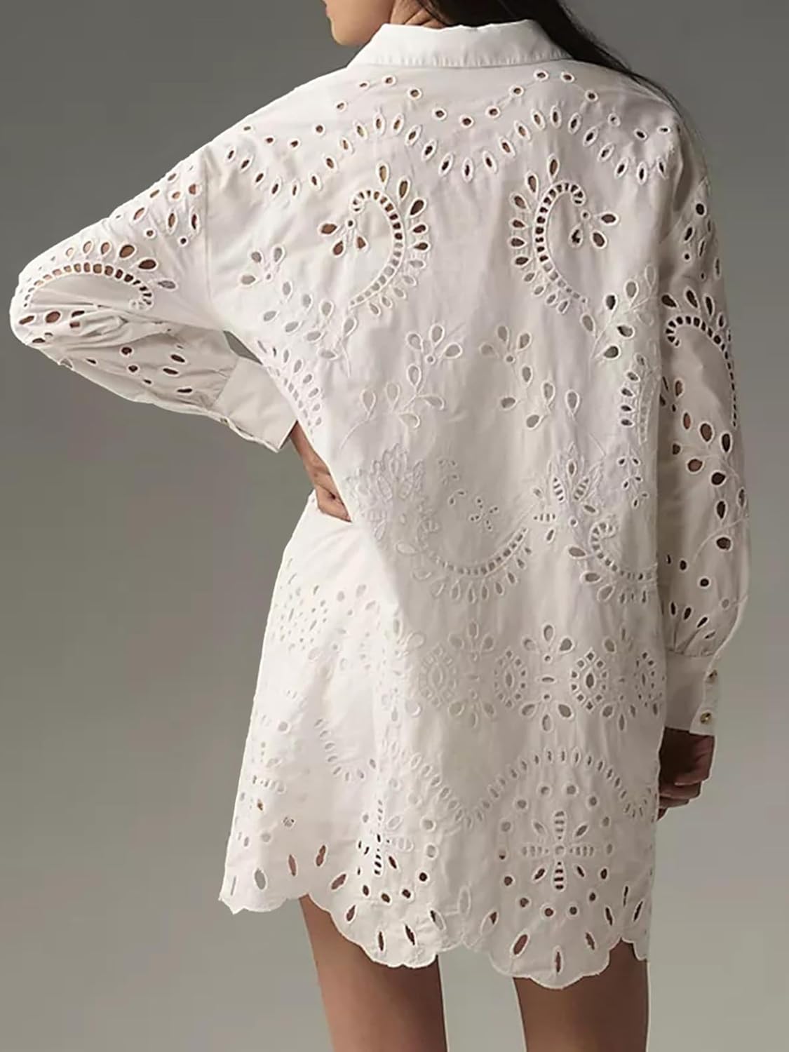 CHARTOU Women Eyelet Lace Dress Button Down Shirt Loose Fit Summer Casual Mini Dress - Image 3