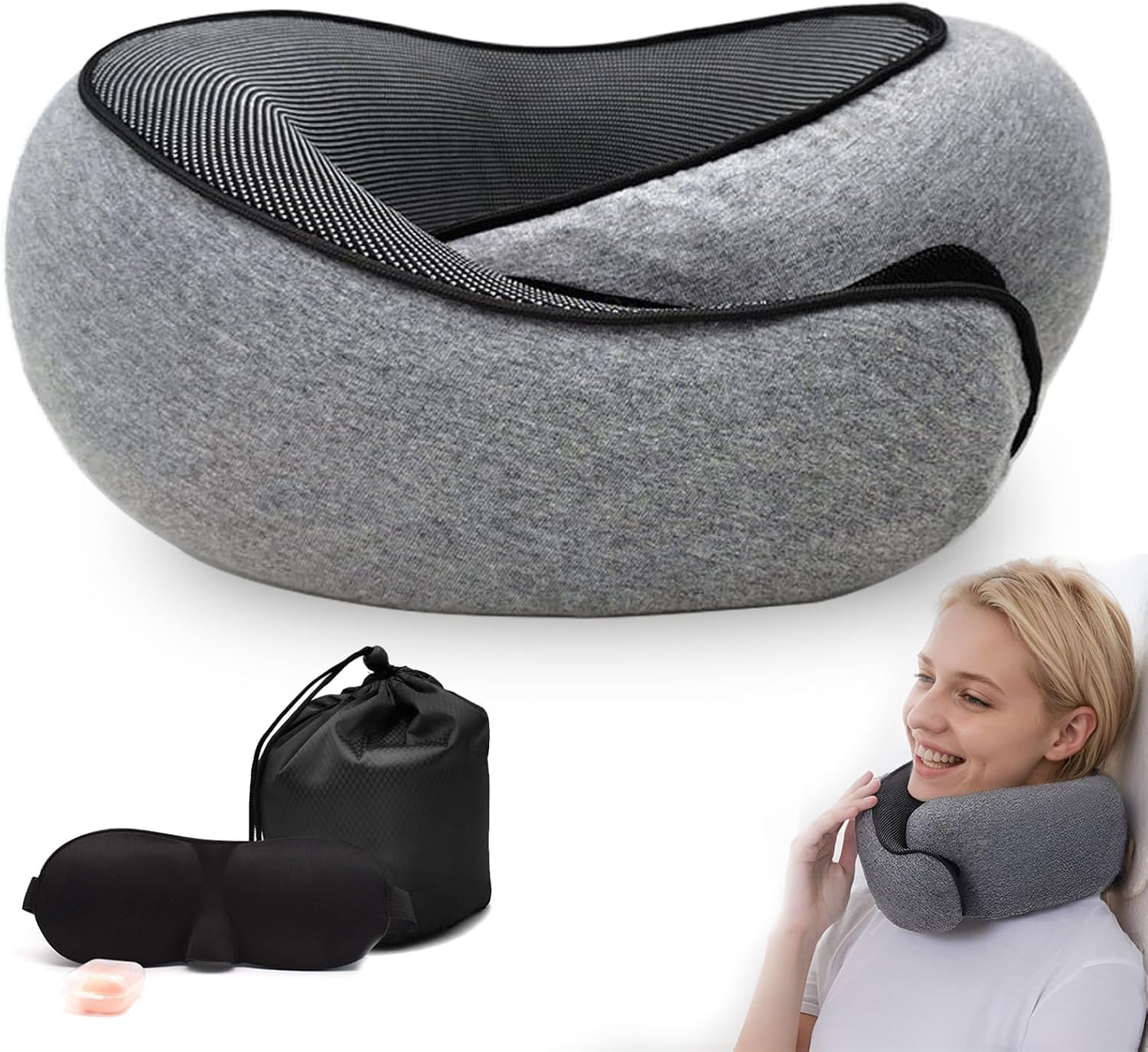 Travel Pillow for Airplane, Neck Pillow for Travel, Memory Cotton Travel Neck for Adults, Adjustable Flight Pillow, Ergonomic Neck Cushion, With Ear Plugs, Eye Mask, Carry Bag (Grey)