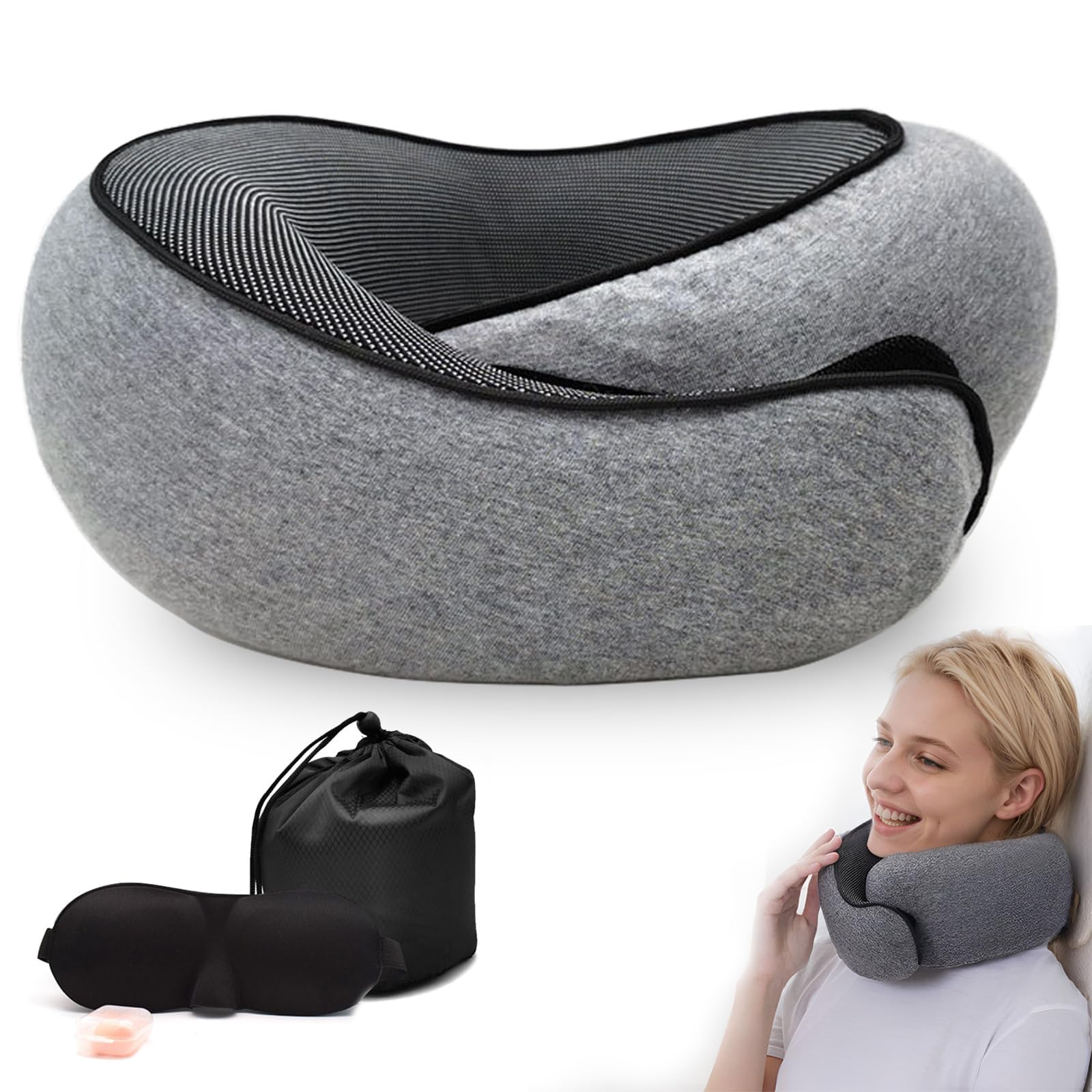 Emeralune Travel Pillow for Airplane, Neck Pillow for Travel, Memory Cotton Travel Neck for Adults, Adjustable Flight Pillow, Ergonomic Neck Cushion, With Ear Plugs, Eye Mask, Carry Bag (Grey)-picture-12